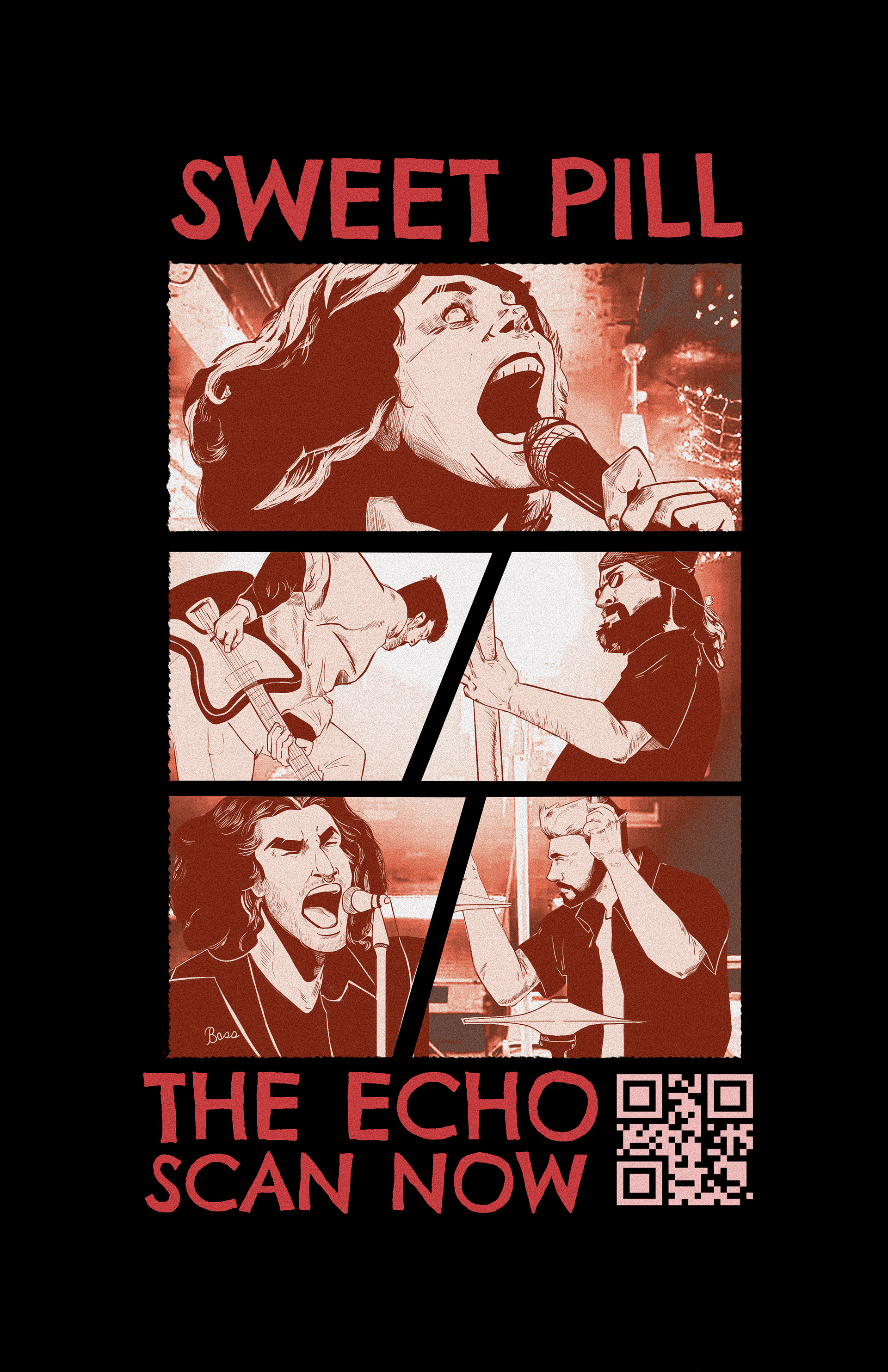 Combining my illustration and graphic design skills, I  created a venue poster for the band Sweet Pill coinciding with their show here in Los Angeles.