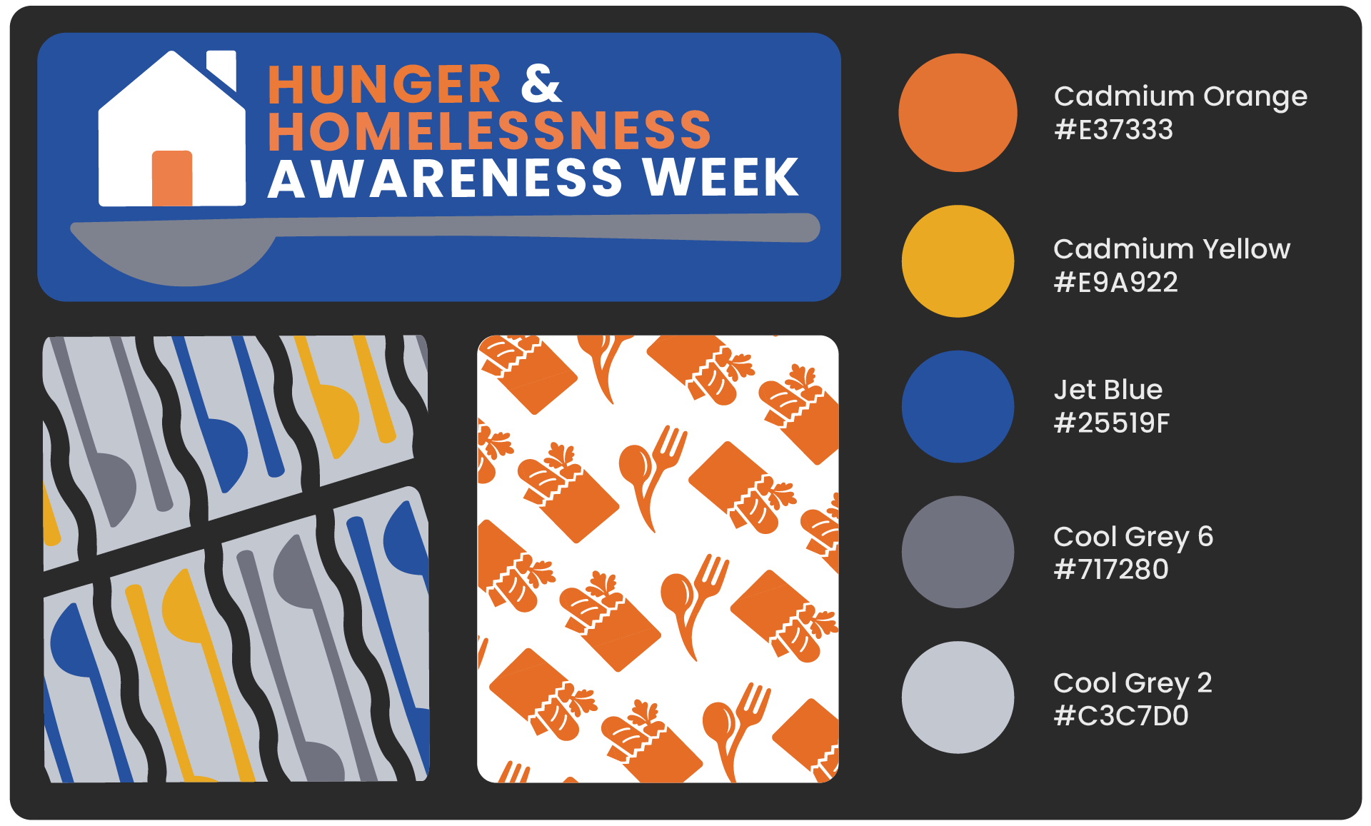 Branding page with color palettes and assets for Hunger & Homelessness Awareness Week.