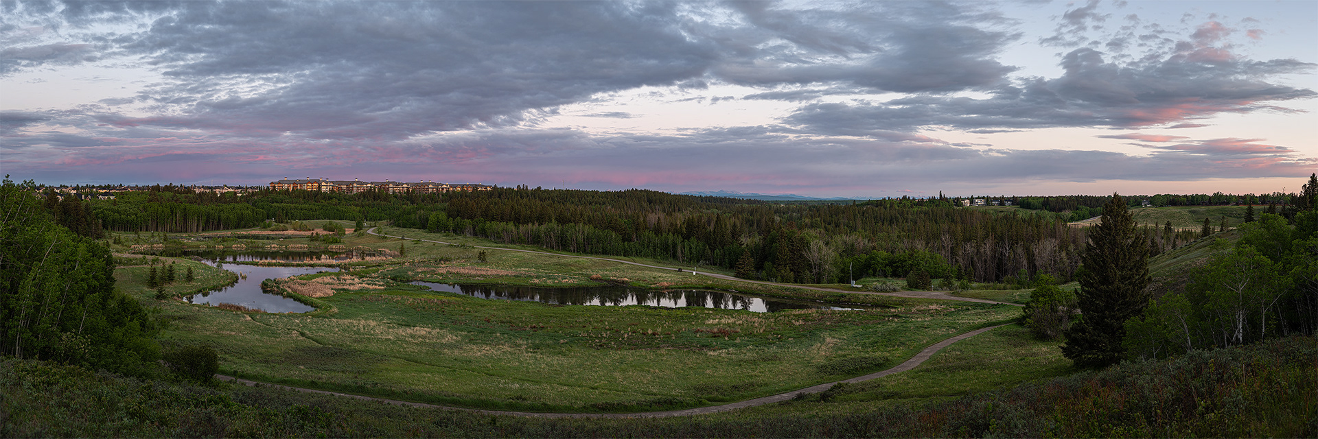 3x1 Panoramic Landscape (8 shot) of the Marshall Springs ponds area [Sunrise, Civil Twilight, Golden Hour (Sun elevation -0.7 degrees)], Fish Creek Provincial Park, Calgary, AB