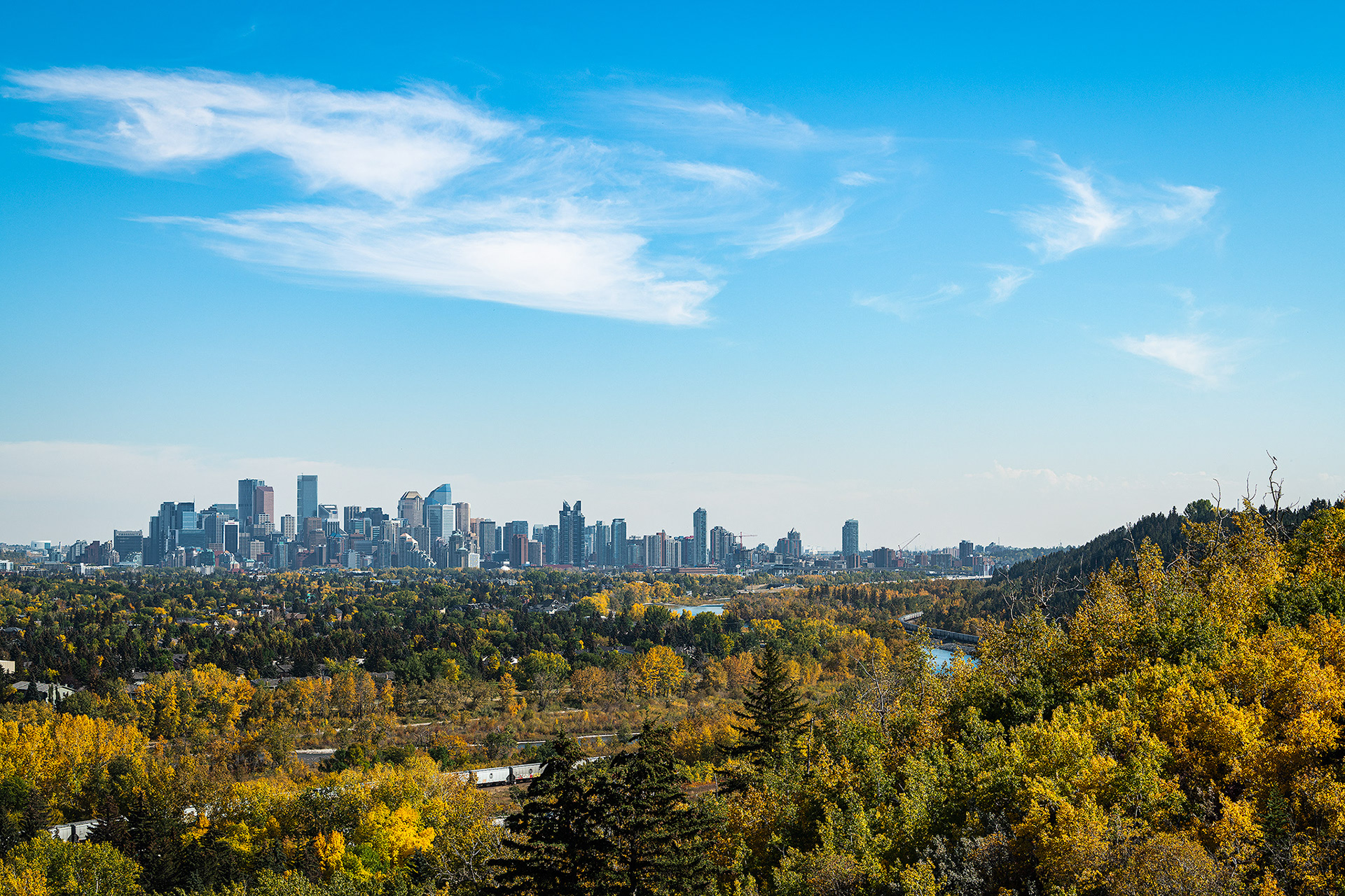 The Downtown Calgary skyline during midafternoon, from Edworthy Park, Calgary, AB - September 28th (2:20 PM, 45 Mp)