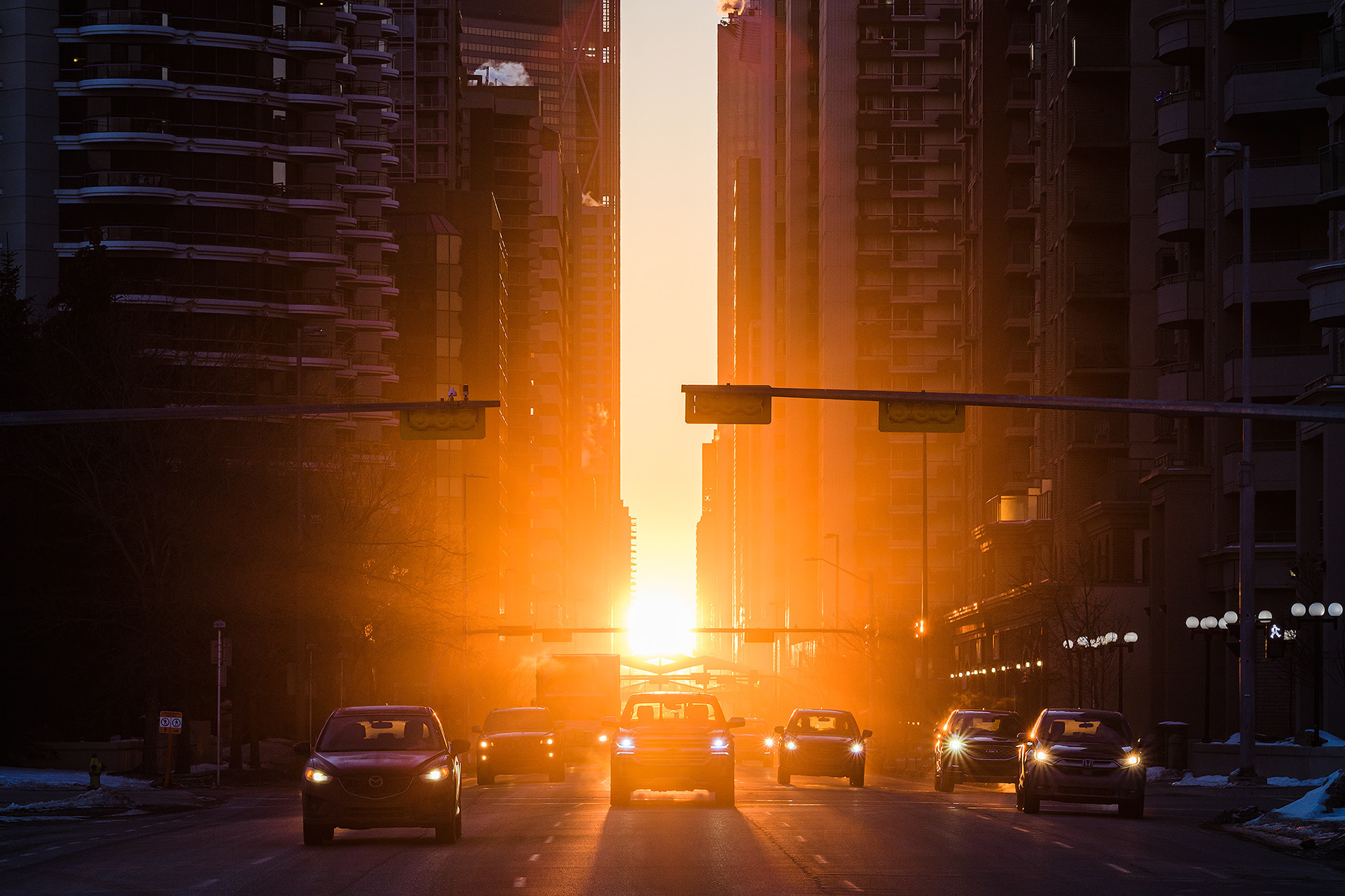 Calgaryhenge sunrise, looking east down 6th Avenue from near 11th Street SW, Calgary, AB - March 17th (7:53 AM)