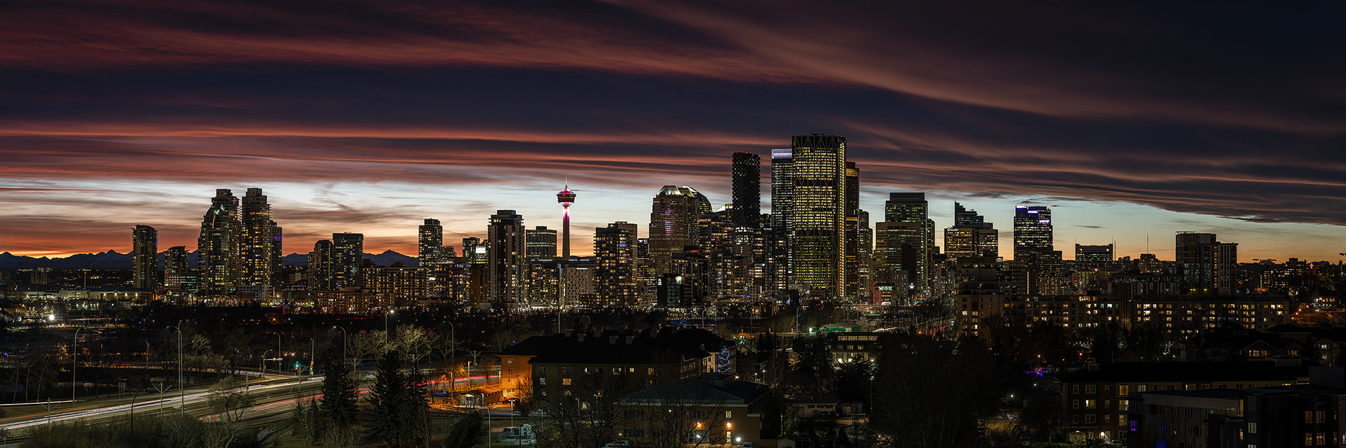 3x1 Panoramic Cityscape (9 shot) of the downtown skyline [post sunset, Nautical Twilight (sun altitude -7.4 degrees)] from Tom Campbell's Hill Natural Park, Calgary, AB