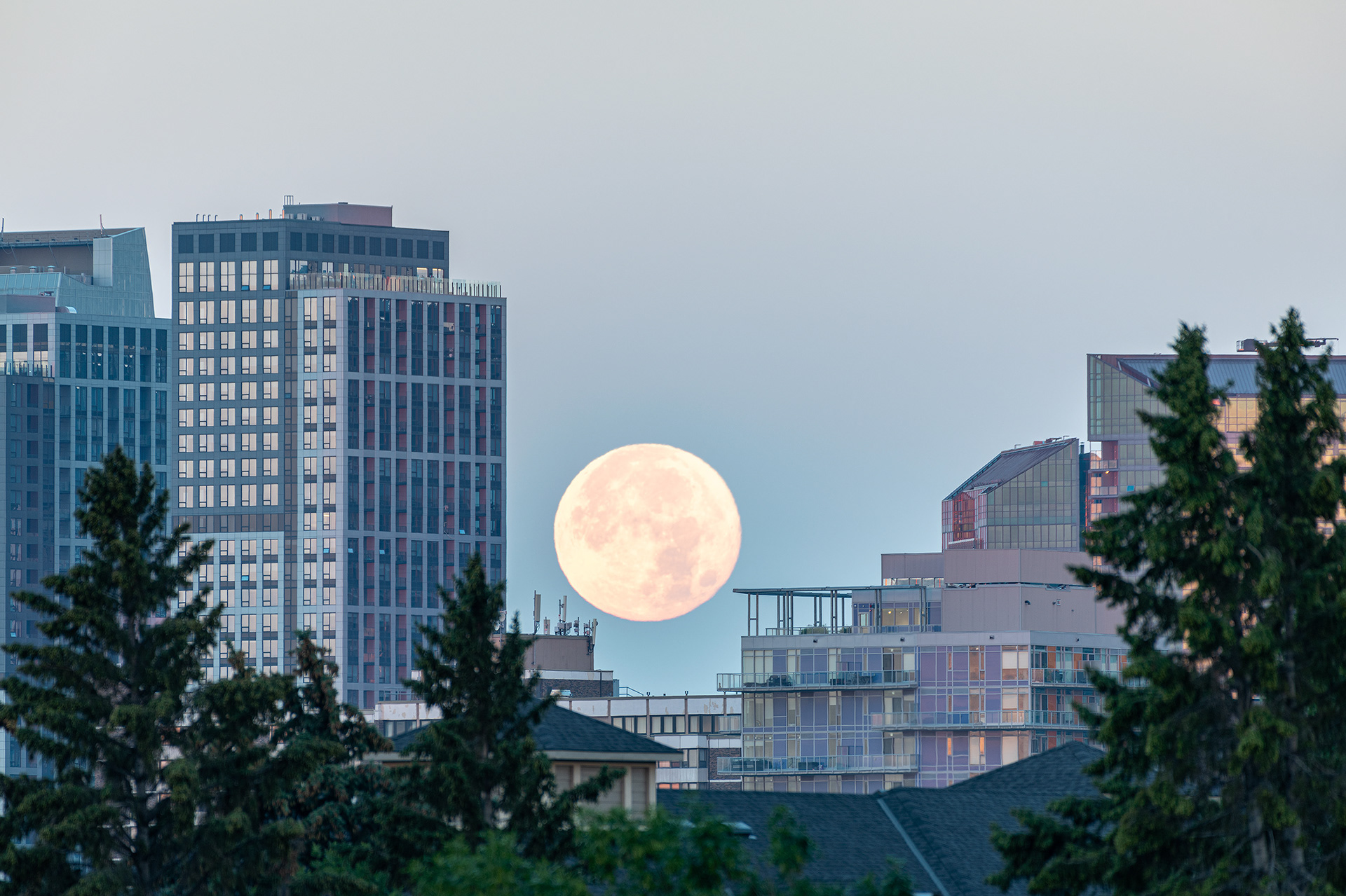 Moonset with some Downtown Calgary East End Buildings, from Tom Campbell's Hill Natural Park, Calgary, AB