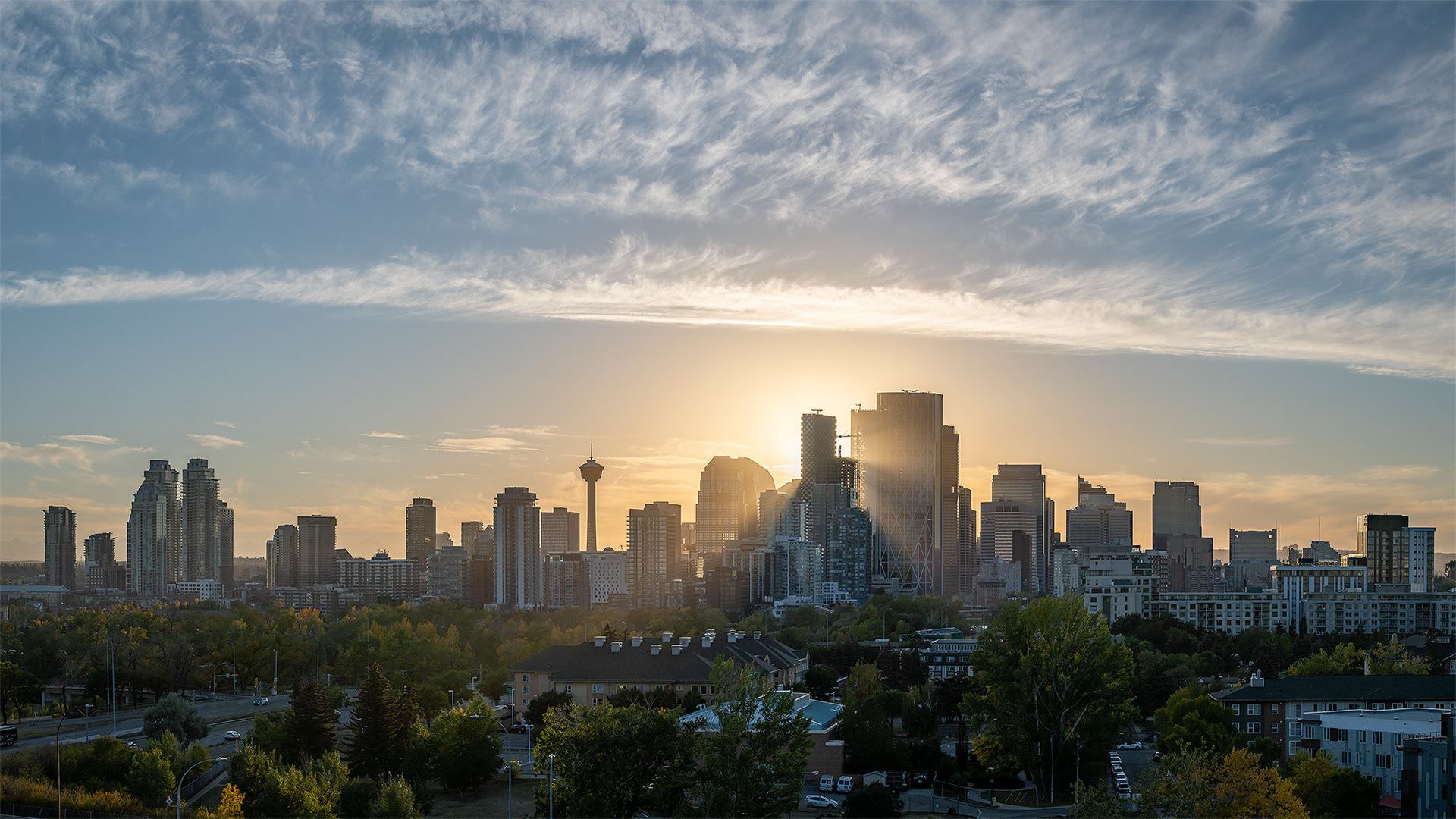 The Downtown Calgary skyline at Sunset, from Tom Campbell's Hill Natural Park, Calgary, AB - September 26th (6:55 PM, 118 Mp)
