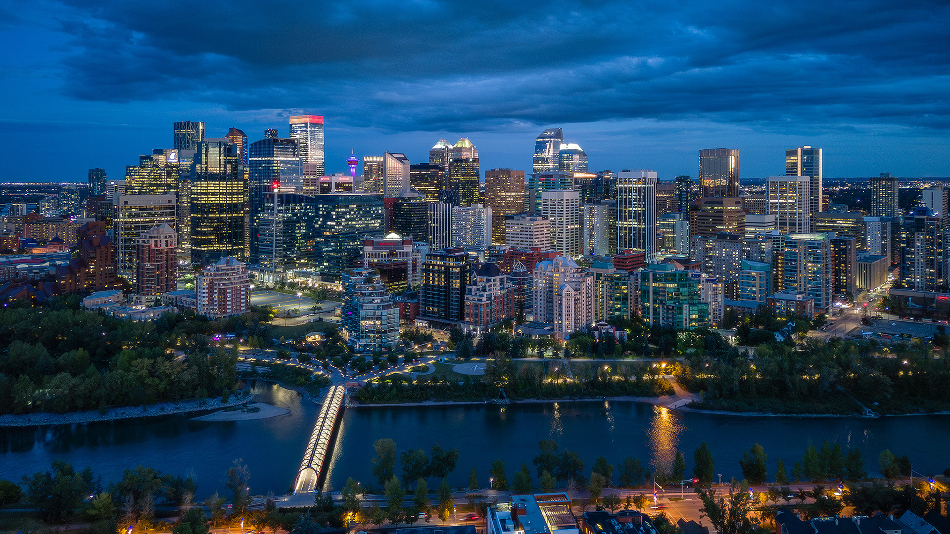 Evening twilight aerial photo of the Downtown skyline, Calgary, AB - September 15th