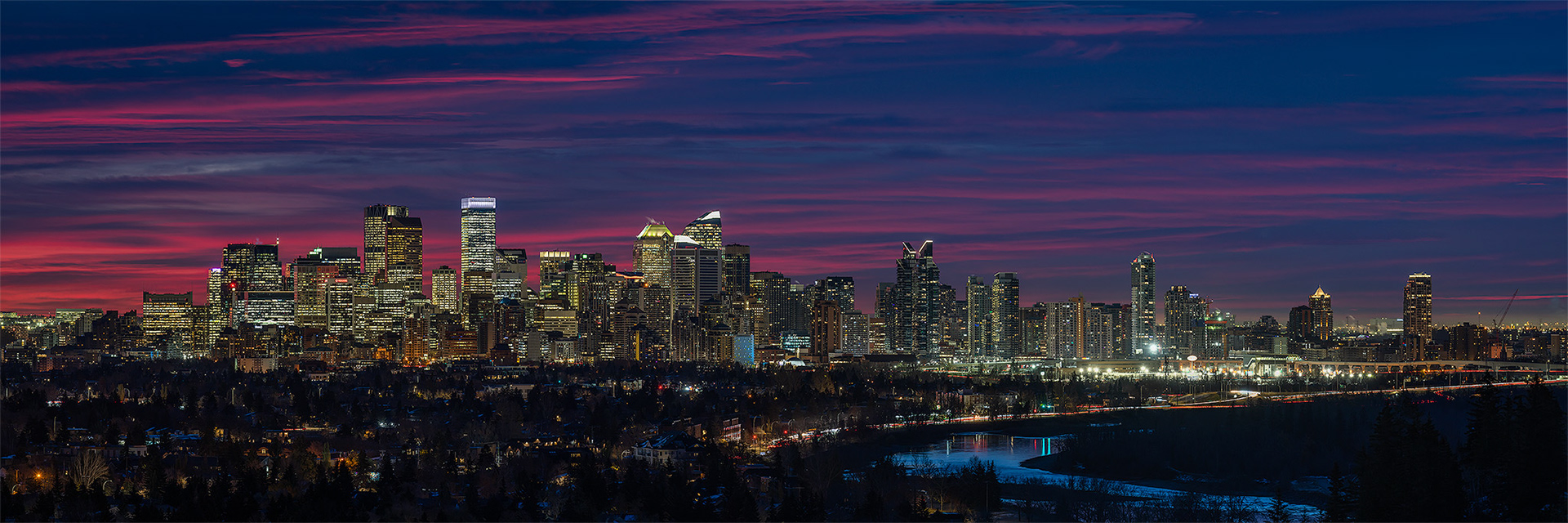 3:1 panoramic (7 shot) image of the Downtown Calgary skyline (49 minutes before Sunrise), from Edworthy Park, Calgary, AB - October 28th (7:33 AM, 137 Mp)