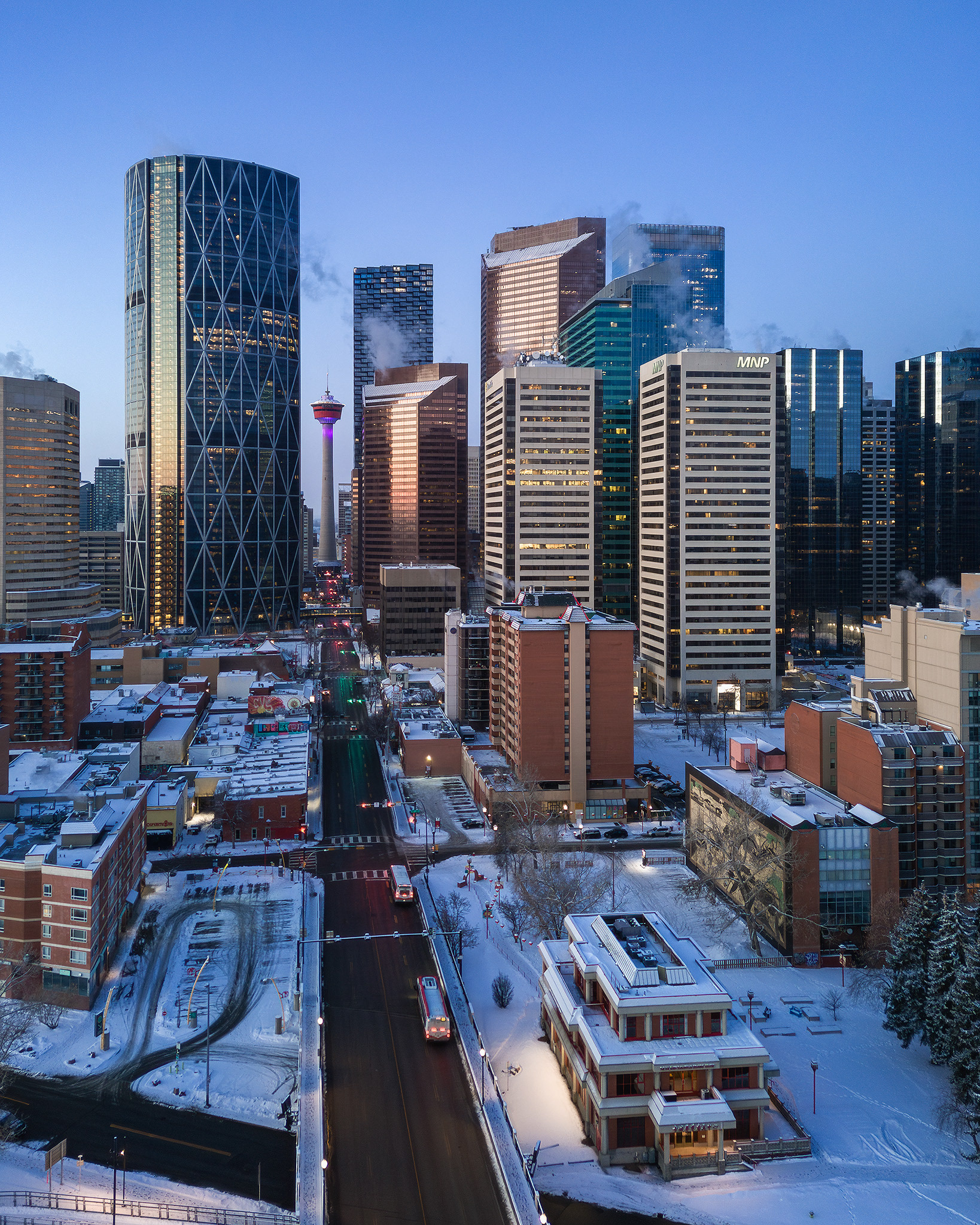 Photo of a portion of the Downtown Calgary skyline, looking down Centre Street S, from near Crescent Heights, Calgary, AB - March 30th