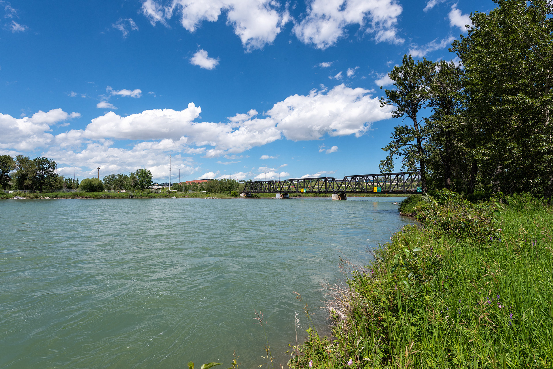 Downstream view of the Bow River from Inglewood River Promenade Park, Calgary, Alberta