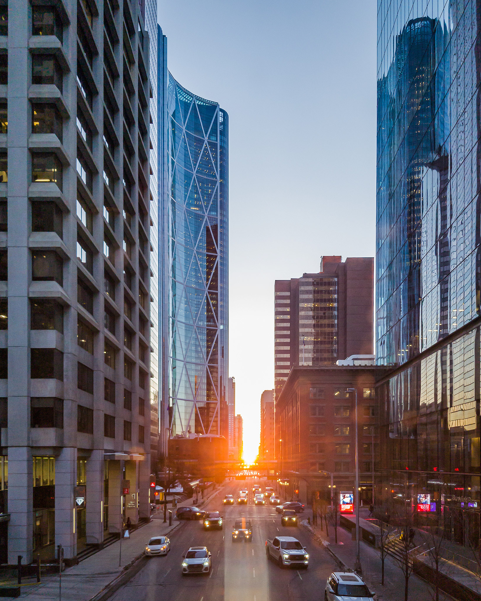 Calgaryhenge sunrise, looking east down 6th Avenue from a +15 skywalk, Calgary, AB - March 16th (7:52 AM)
