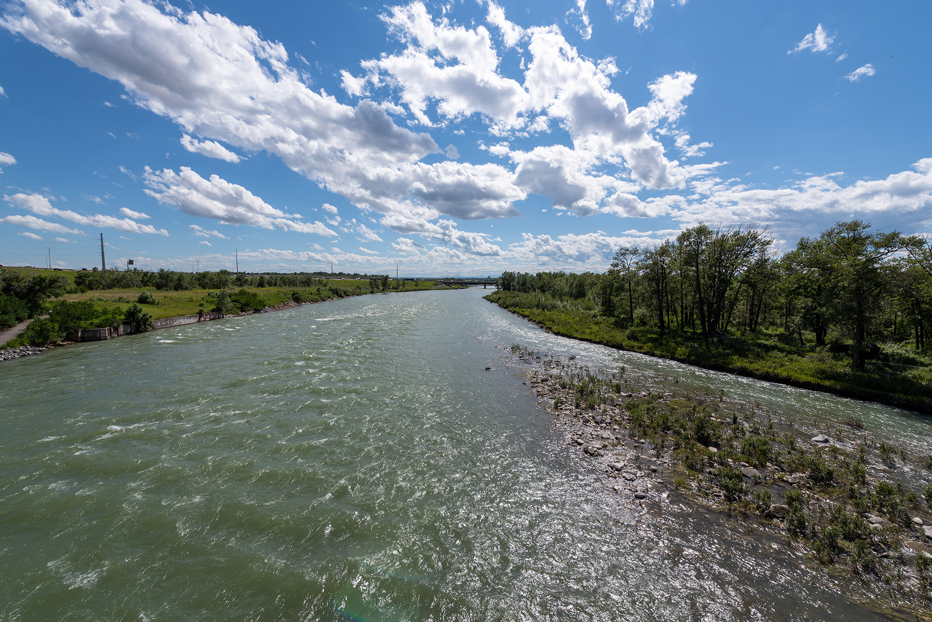 Downstream view of the Bow River from the Ogden Road Bridge, Calgary, Alberta