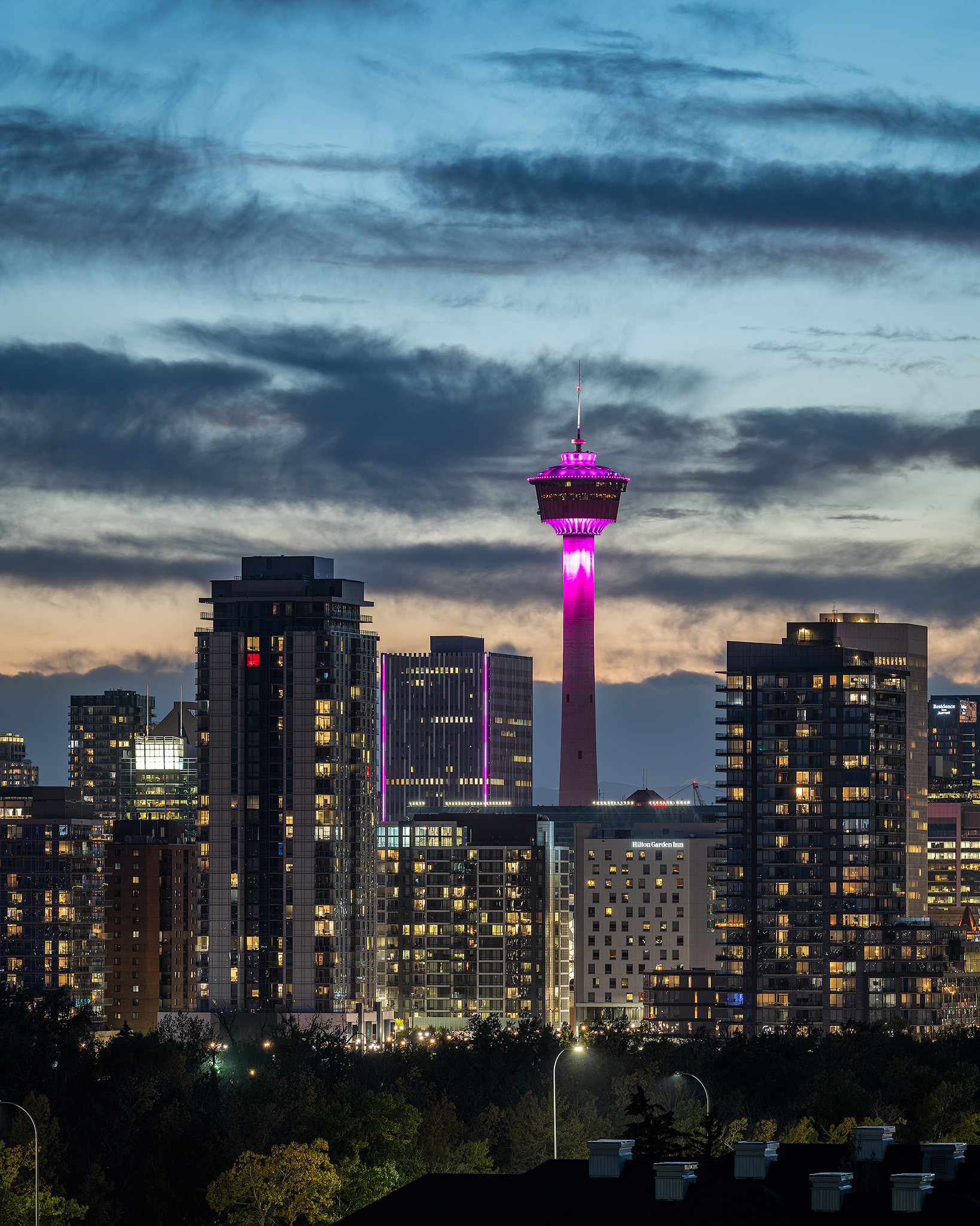 A portion of the Downtown Calgary skyline at Sunset (featuring the Calgary Tower), from Tom Campbell's Hill Natural Park, Calgary, AB - September 26th (8:04 PM, 36Mp)