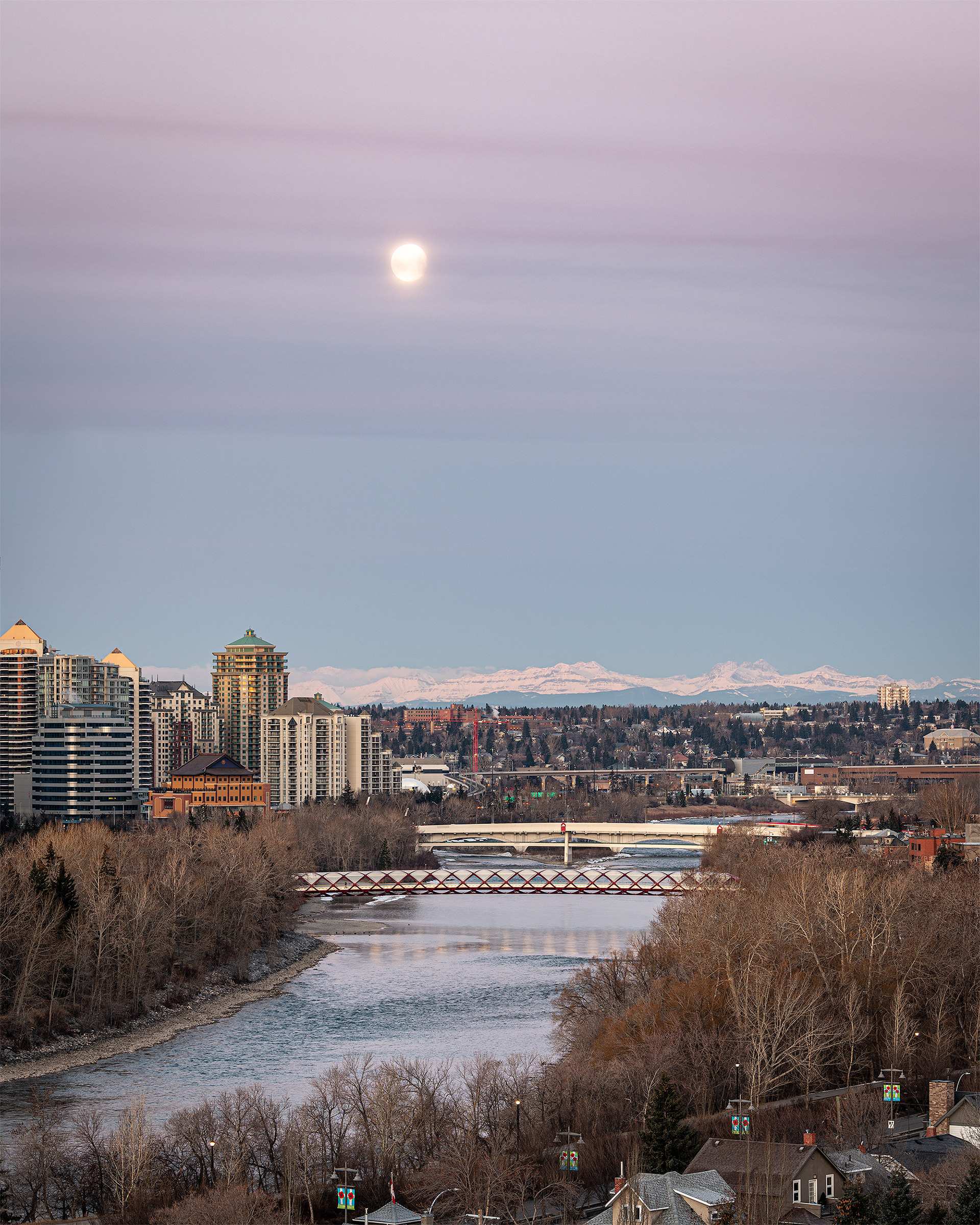 4x5 Cityscape (2 shot) of the Peace Bridge, Bow River, setting Moon, and a portion of the downtown skyline, from Crescent Heights Lookout Point, Calgary, AB