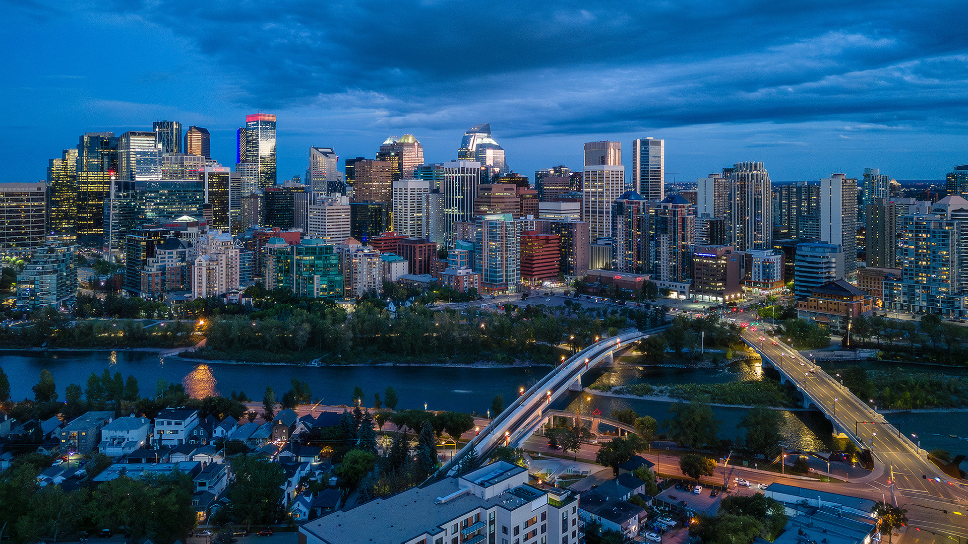 Evening twilight aerial photo of the Downtown skyline, Calgary, AB - September 15th