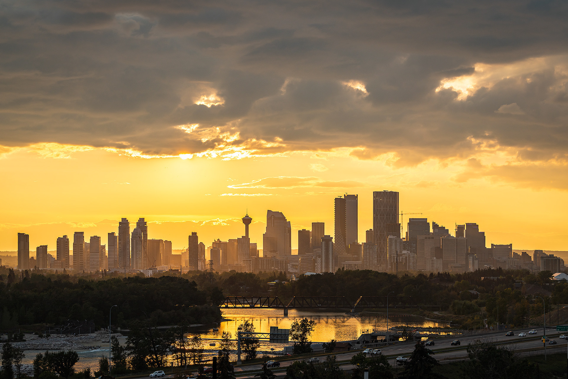 Setting Sun over the Downtown Calgary skyline and Bow River, from near Max Bell Centre, Calgary, AB - September 16th (7:12 PM)