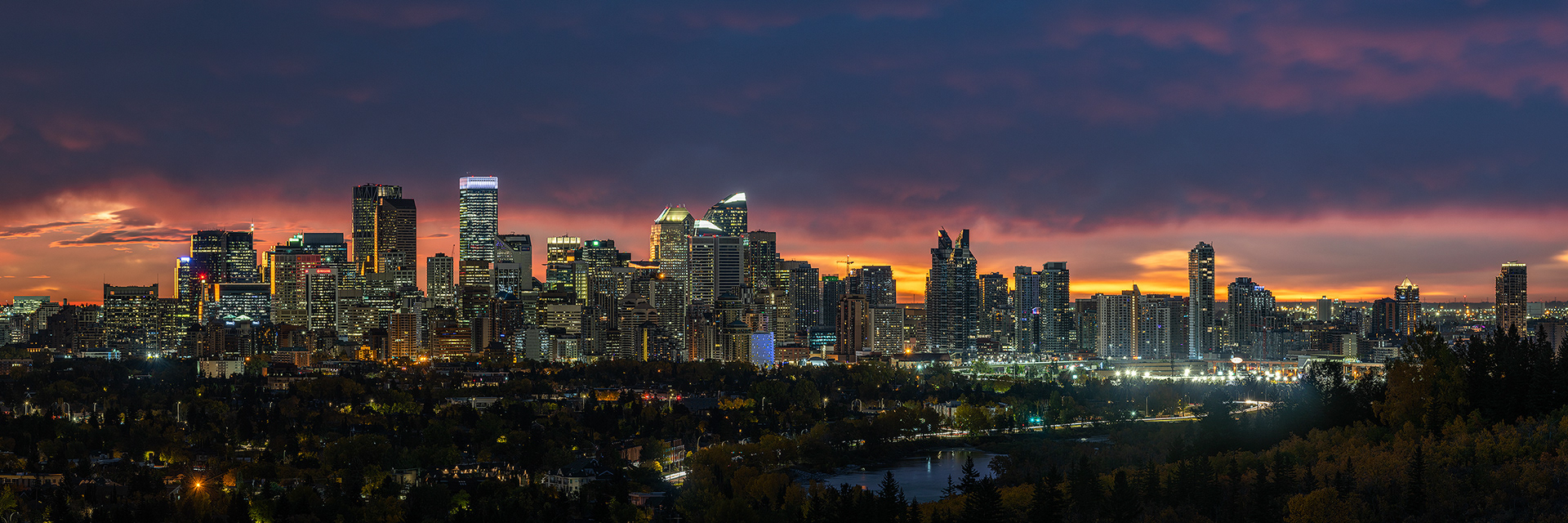 Panoramic Cityscape (pre sunrise) from Edworthy Park, Calgary, Alberta