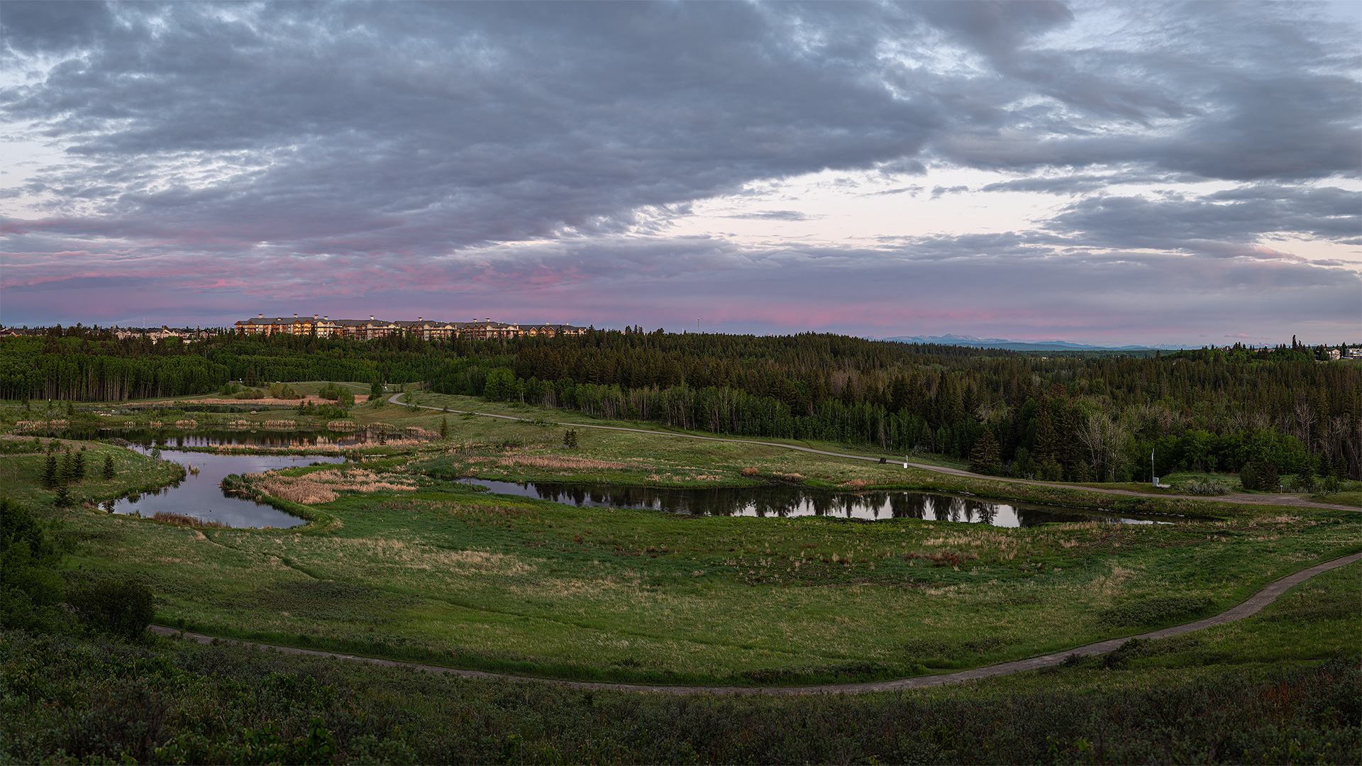 16x9 Panoramic Landscape (5 shot) of the Marshall Springs ponds area [Sunrise, Civil Twilight, Golden Hour (Sun elevation -0.7 degrees)], Fish Creek Provincial Park, Calgary, AB