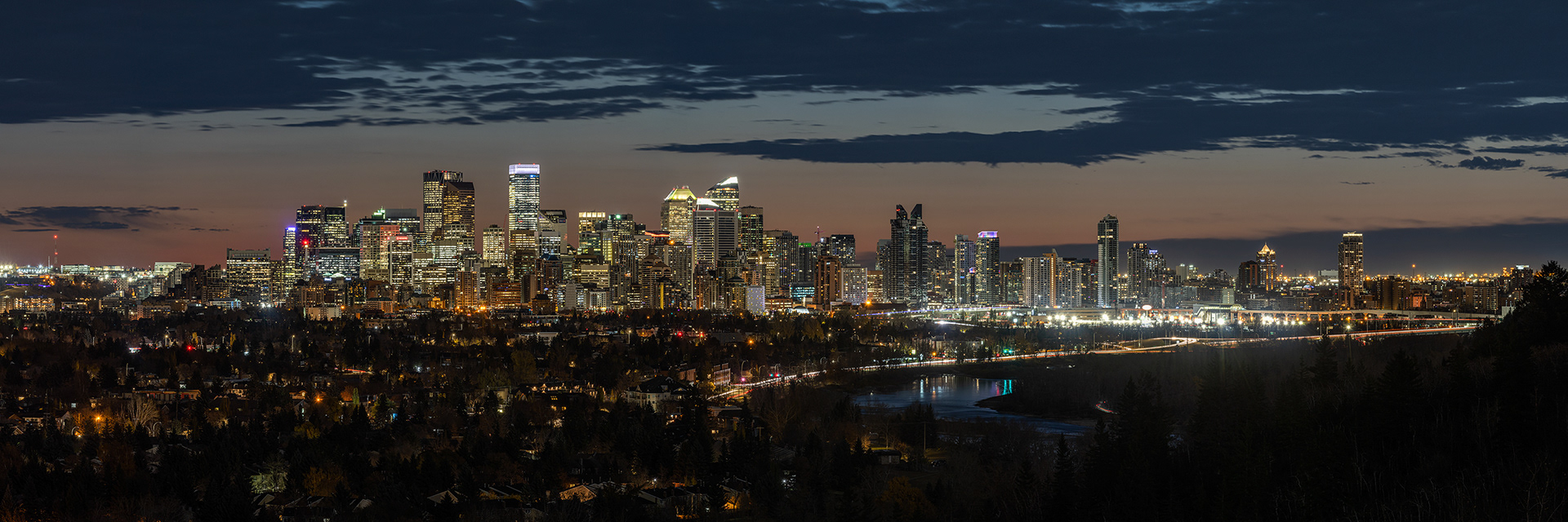 Panoramic Cityscape (pre sunrise) from Edworthy Park, Calgary, Alberta