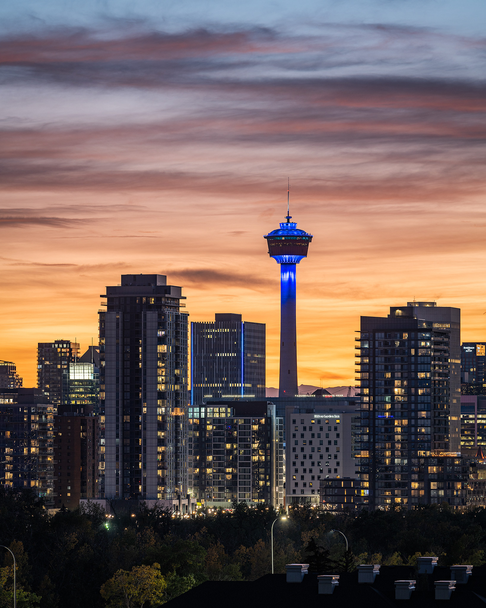 A portion of the Downtown Calgary skyline at Sunset (featuring the Calgary Tower), from Tom Campbell's Hill Natural Park, Calgary, AB - September 25th (8:01 PM, 37 Mp)
