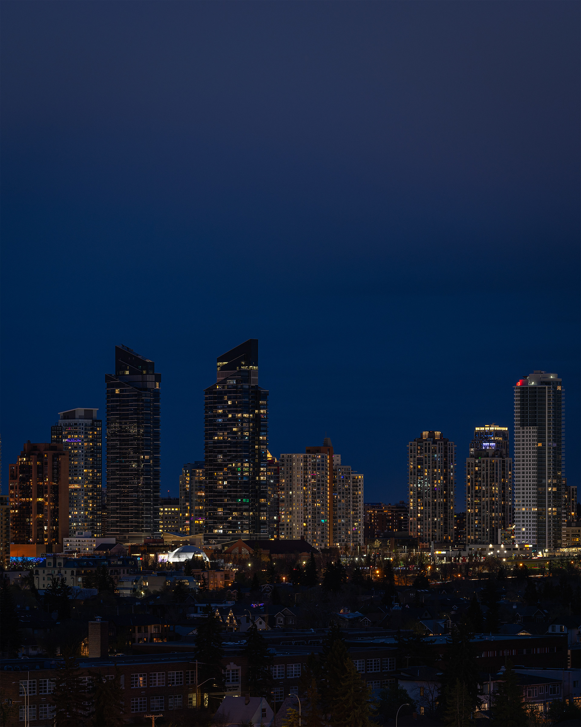 4x5 Panoramic Cityscape (3 shot) of the downtown skyline and (would be) Full Blood Moonrise (Full phase @ 100%, elevation 5.3 degrees) (Nautical Twilight, Sun elevation -6.2 degree), from Grasshopper Hill, West Hillhurst, Calgary, AB