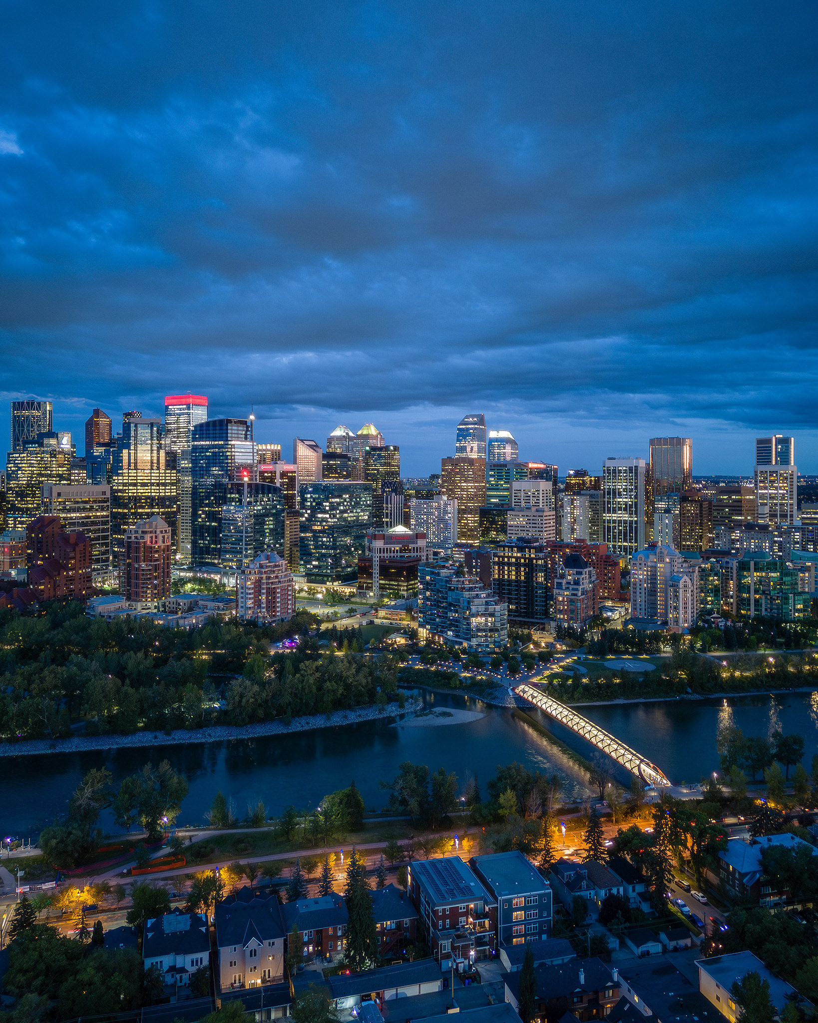Evening twilight aerial photo of the Downtown skyline, Calgary, AB - September 15th