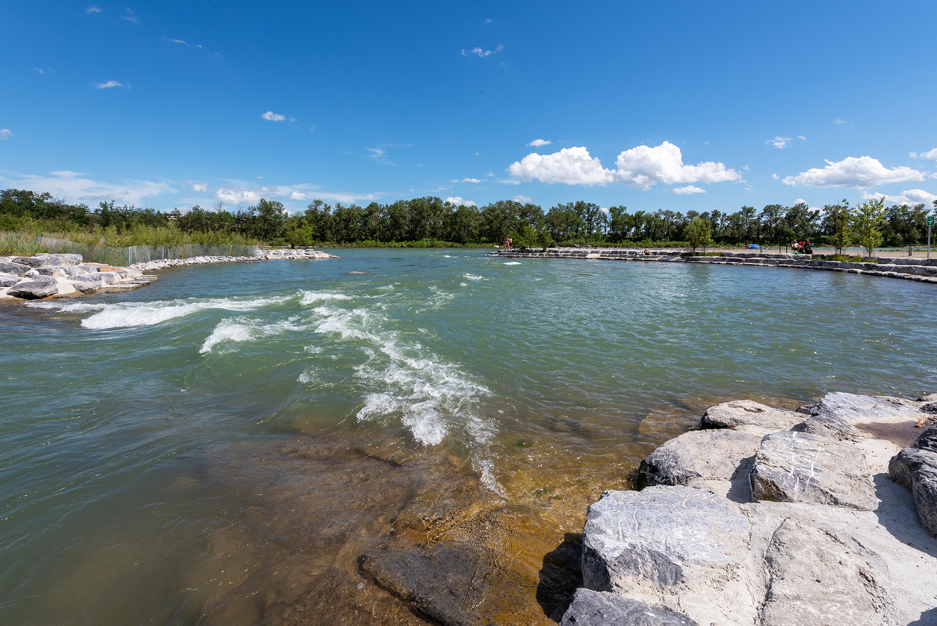 Downstream view of Harvie Passage reentering the Bow River, Calgary, Alberta