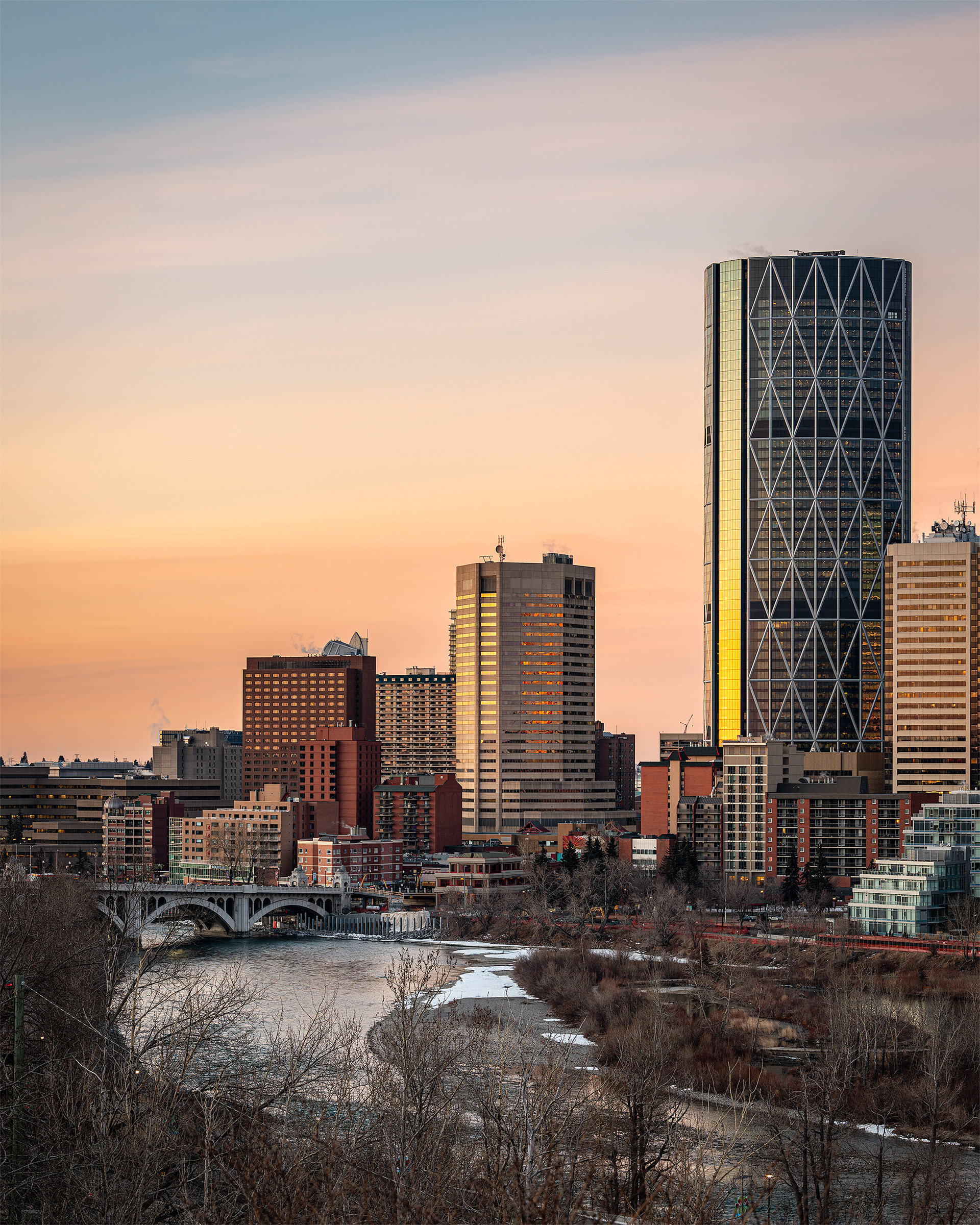 4x5 Cityscape (2 shot) of the Centre St. Bridge, Bow River, and a portion of the downtown skyline, from Crescent Heights Lookout Point, Calgary, AB