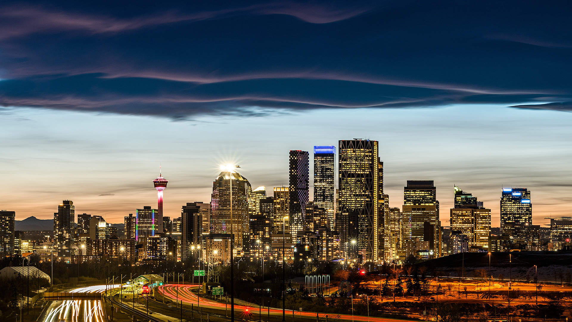 Downtown Calgary (45 minutes after sunset) from near Memorial Dr. and 18th St. SE, Calgary, AB