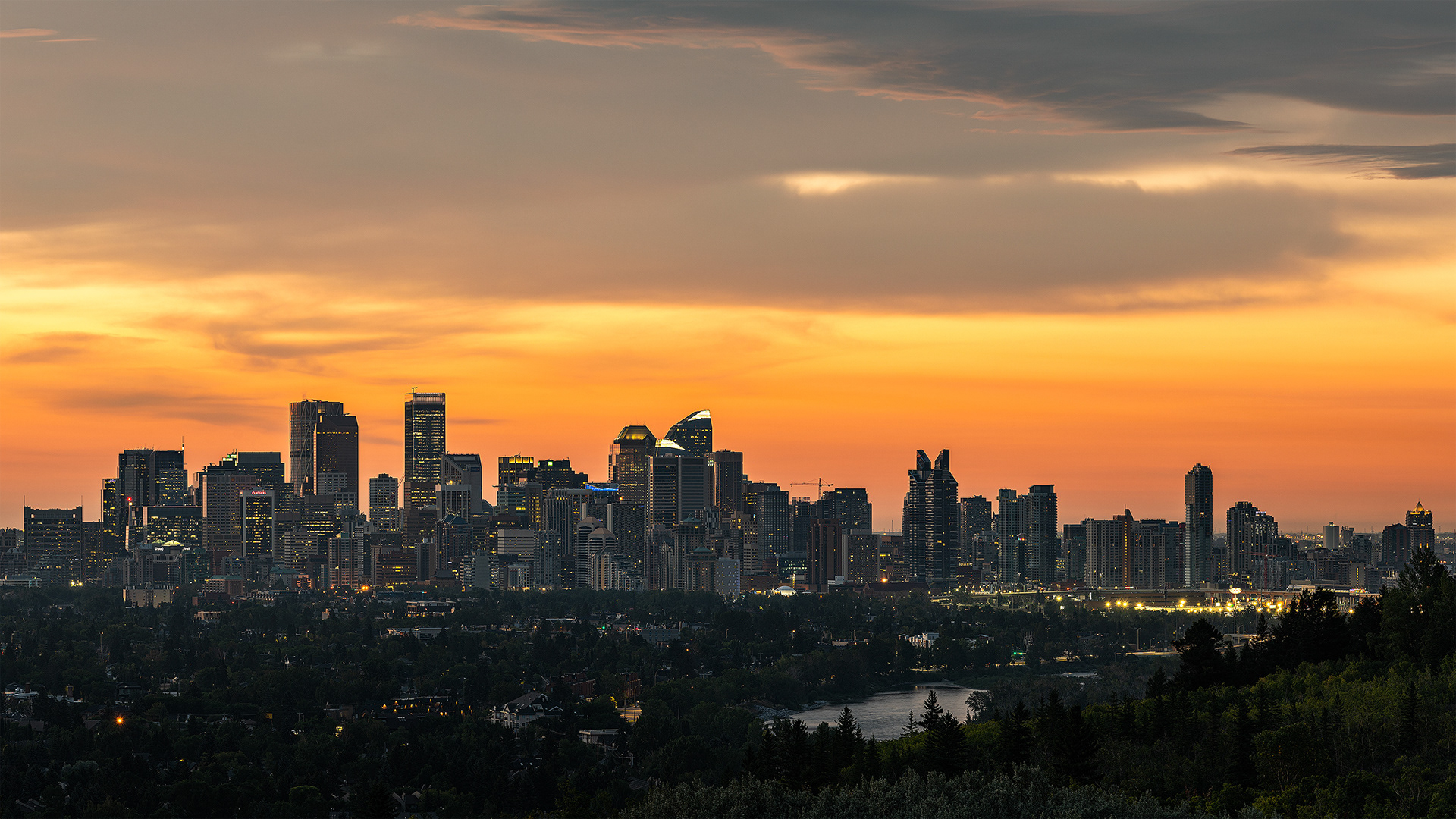 Cityscape (at sunrise) from Edworthy Park, Calgary, Alberta