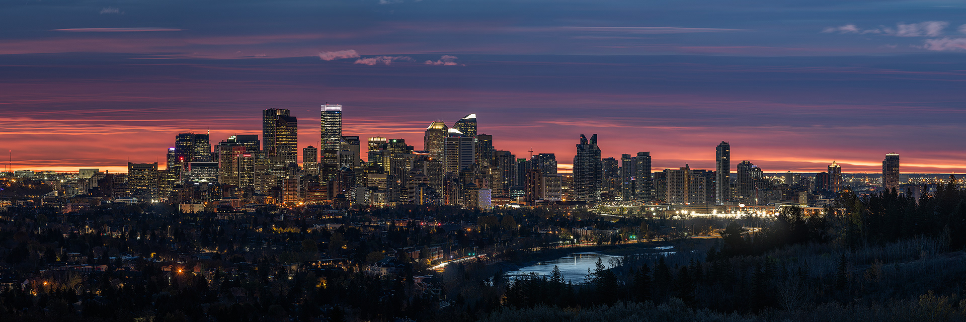 Panoramic Cityscape (pre sunrise) from Edworthy Park, Calgary, Alberta