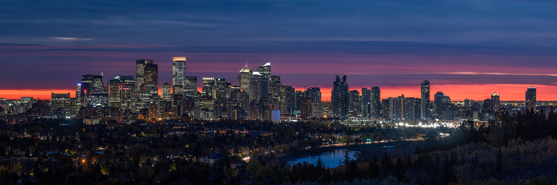 Panoramic Cityscape (pre sunrise) from Edworthy Park, Calgary, Alberta