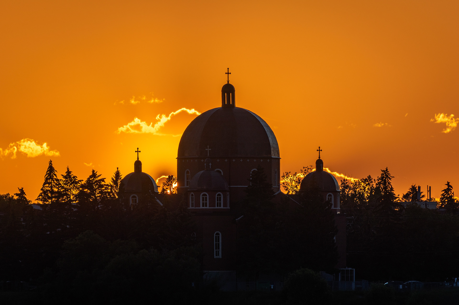 Sunset, Assumption of the Blessed Virgin Mary Ukrainian Catholic Church, from Tom Campbell's Hill Natural Park, Calgary, AB