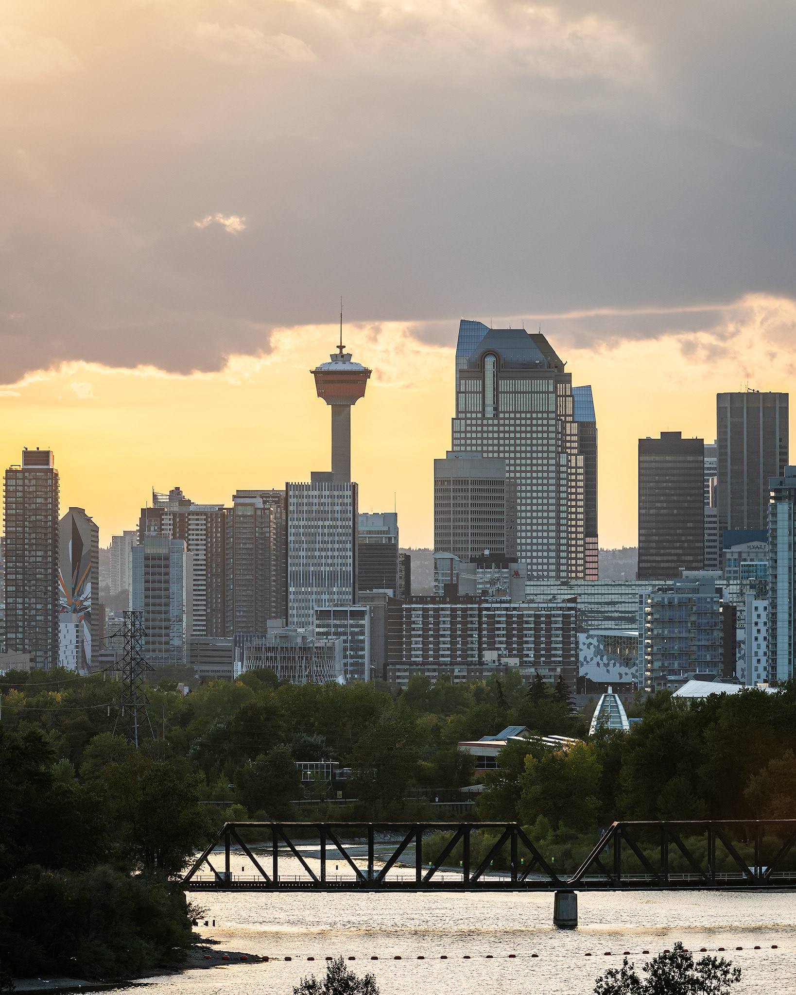 Setting Sun over the Downtown Calgary skyline and Bow River, from near Max Bell Centre, Calgary, AB - September 17th (7:08 PM)