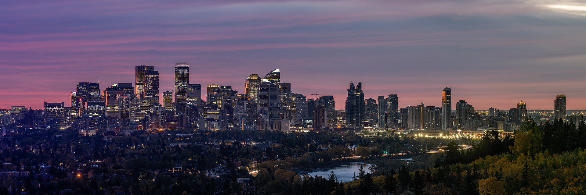 Panoramic Cityscape (pre sunrise) from Edworthy Park, Calgary, Alberta
