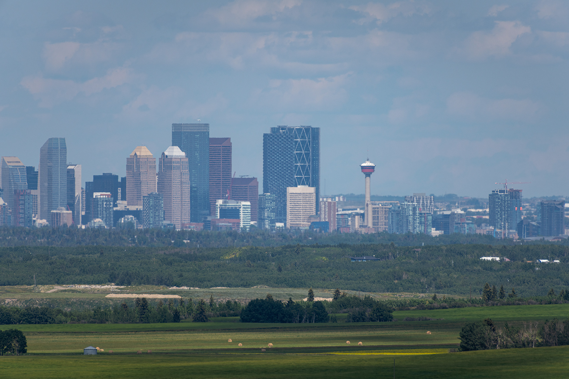 Cityscape of a portion of the Downtown Calgary skyline at Mid Afternoon, from near Ann and Sandy Cross Conservation Area, Foothills, AB