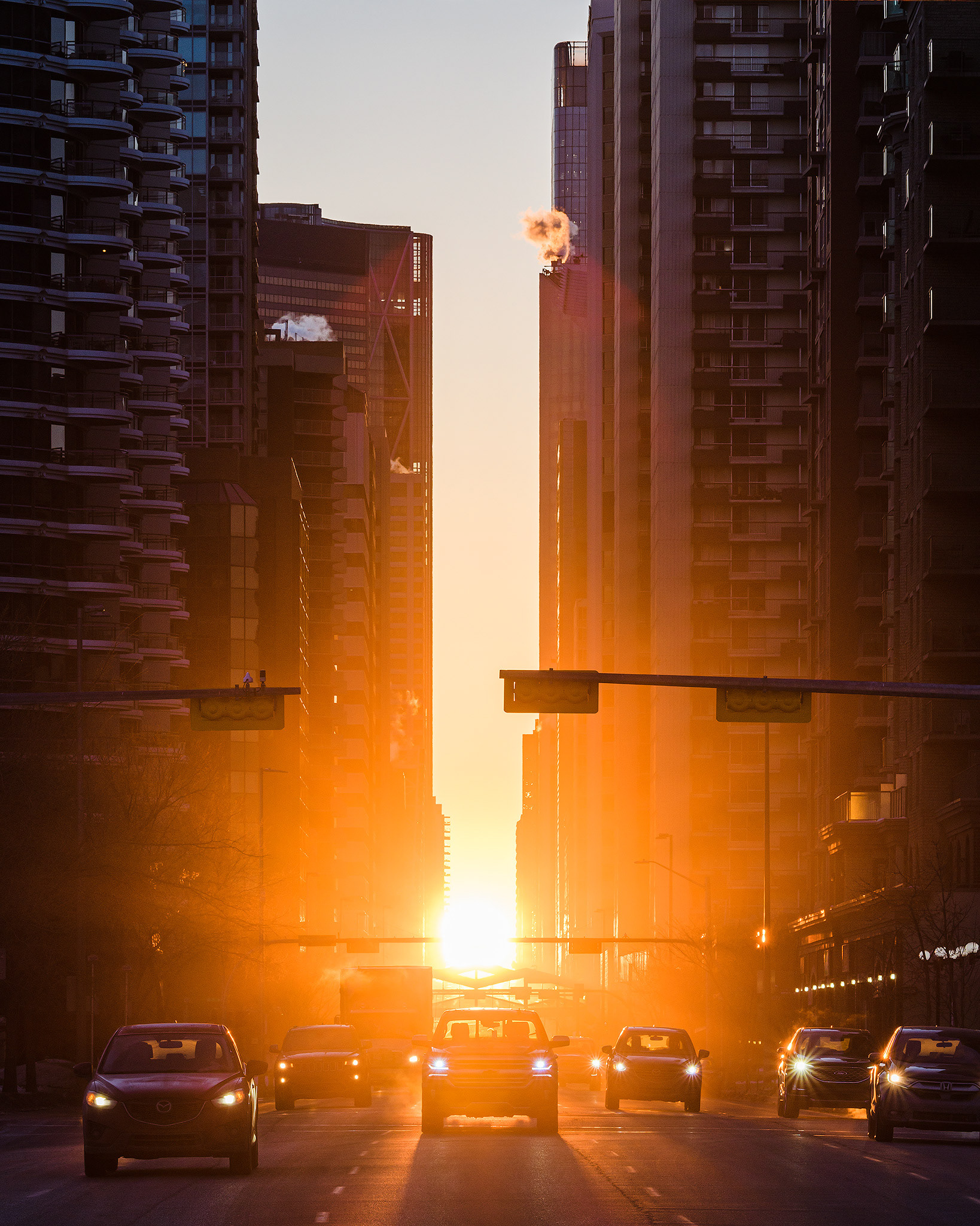 Calgaryhenge sunrise, looking east down 6th Avenue from near 11th Street SW, Calgary, AB - March 17th (7:53 AM)