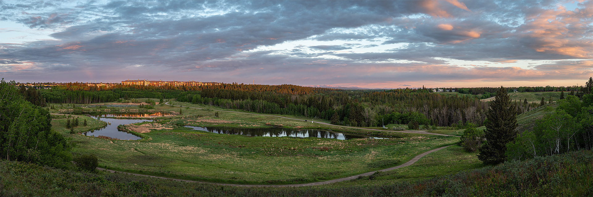 3x1 Panoramic Landscape (8 shot) of the Marshall Springs ponds area [Sunrise, Golden Hour (Sun elevation 0.4 degrees)], Fish Creek Provincial Park, Calgary, AB