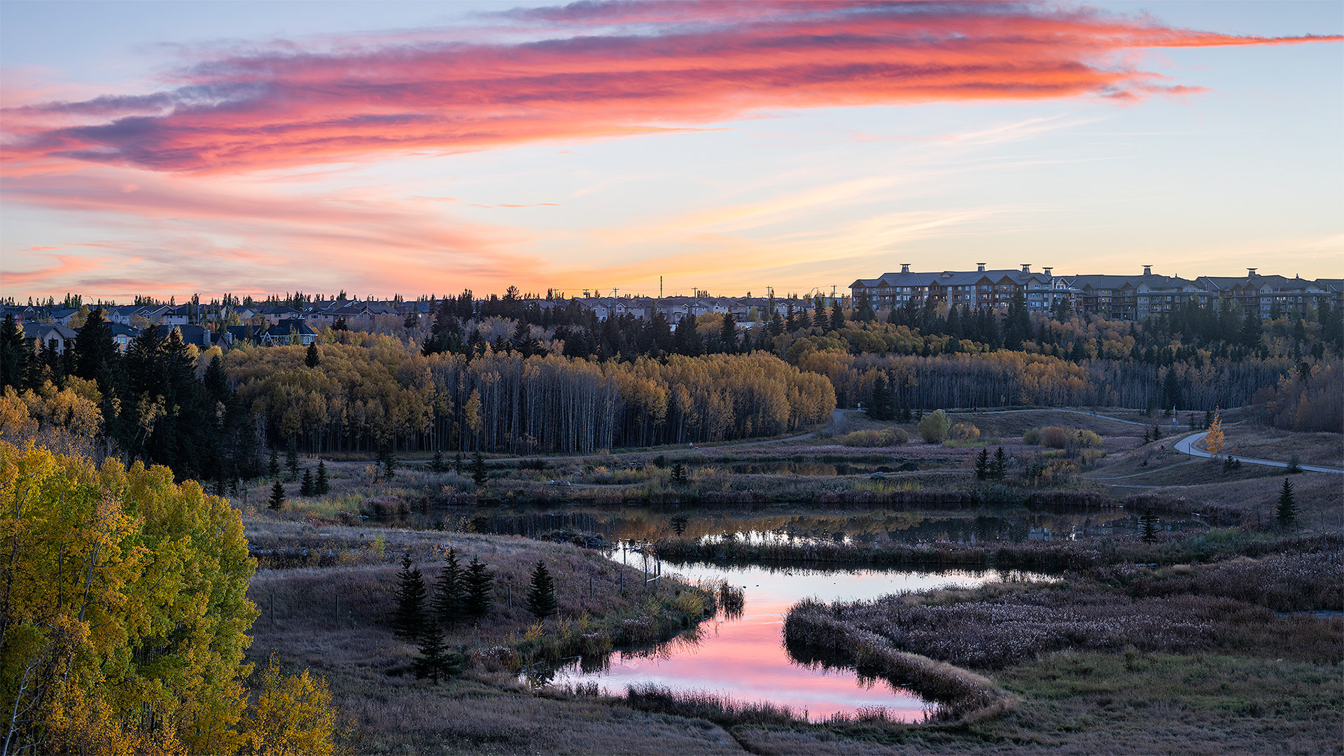 16:9 panoramic (5 shot) Sunset image overlooking the Marshall Springs ponds of Fish Creek Provincial Park, Calgary, AB - October 13th (7:04 PM, 109 Mp)
