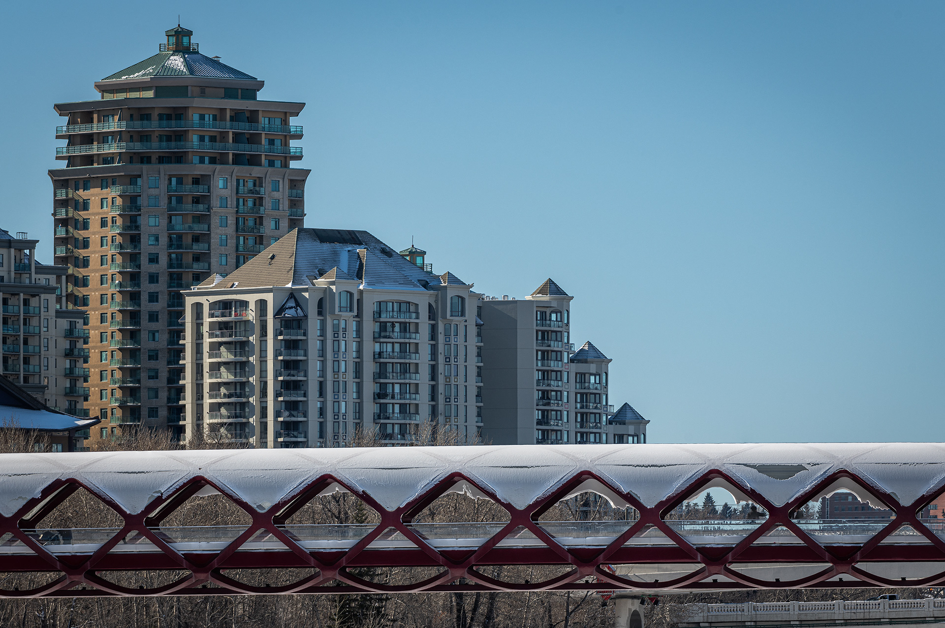 Peace Bridge, and some downtown buildings, from the North side of the Bow River near Price's Island Park, Calgary, AB
