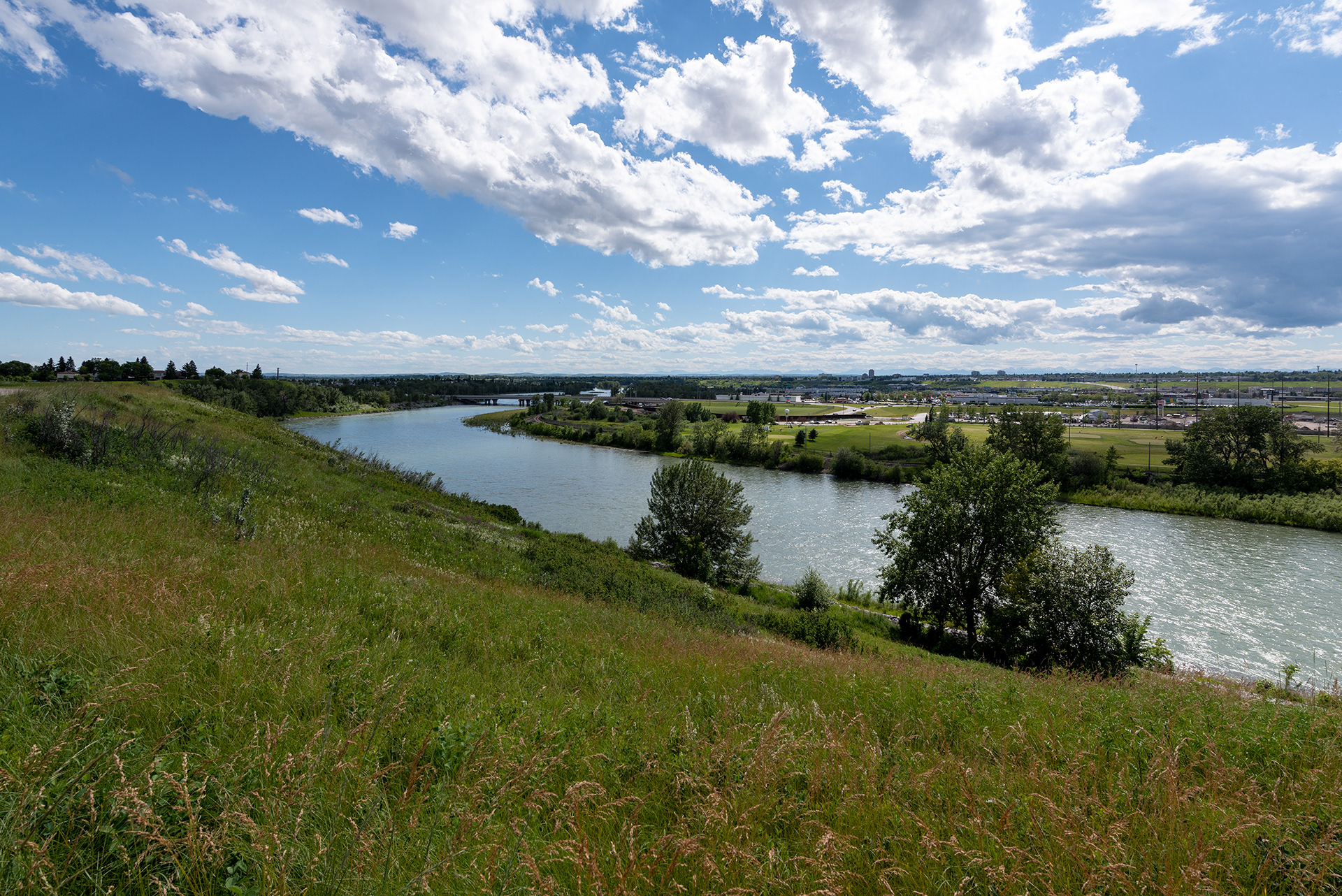Downstream view of the Bow River from near the Lynwood Area 1 Off Leash Dog Park, Calgary, Alberta