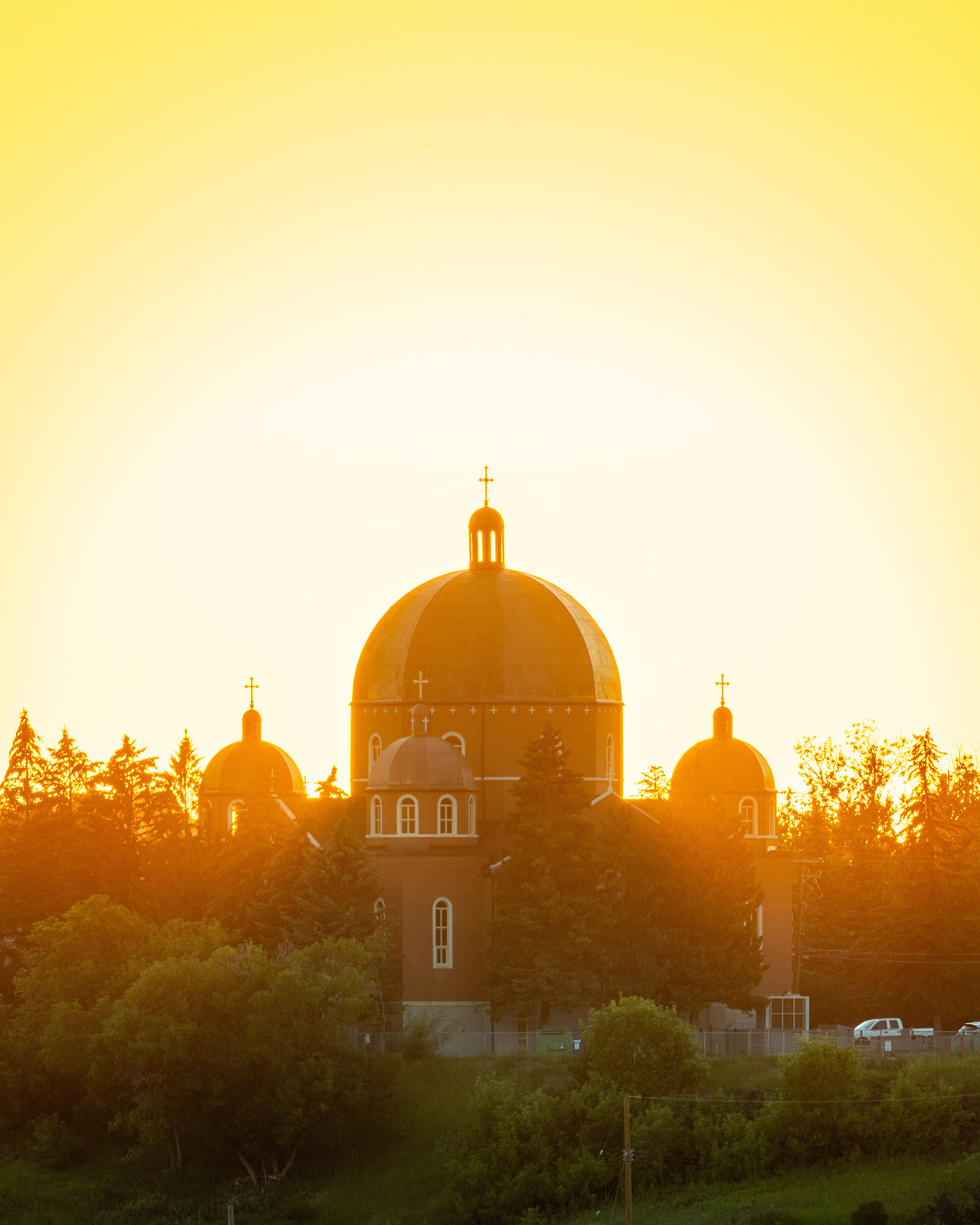 Sunset, Assumption of the Blessed Virgin Mary Ukrainian Catholic Church, from Tom Campbell's Hill Natural Park, Calgary, AB