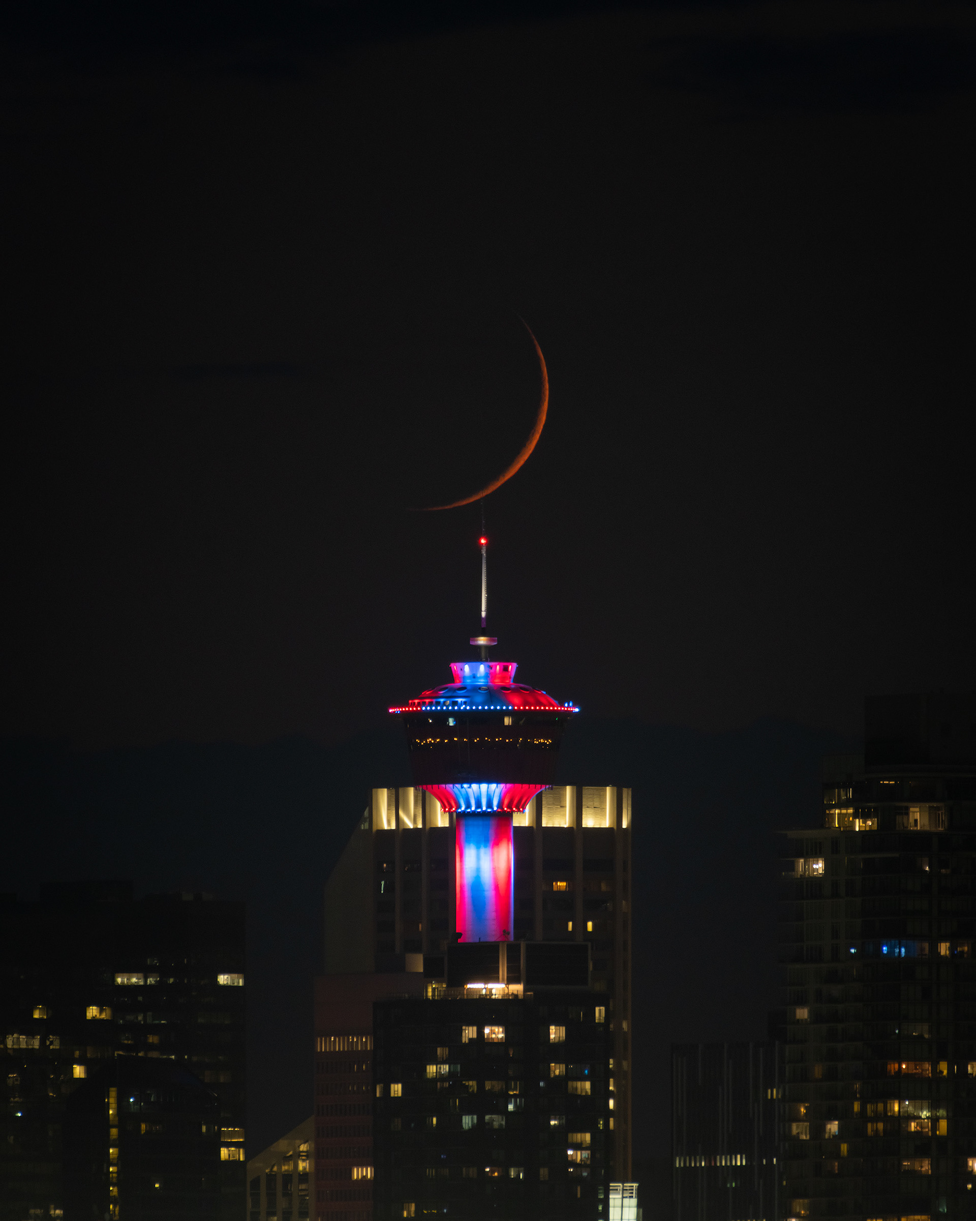 4x5 Cityscape of the Calgary Tower and setting Waxing Crescent Moon, from Southview Off Leash Dog Park, Calgary, AB