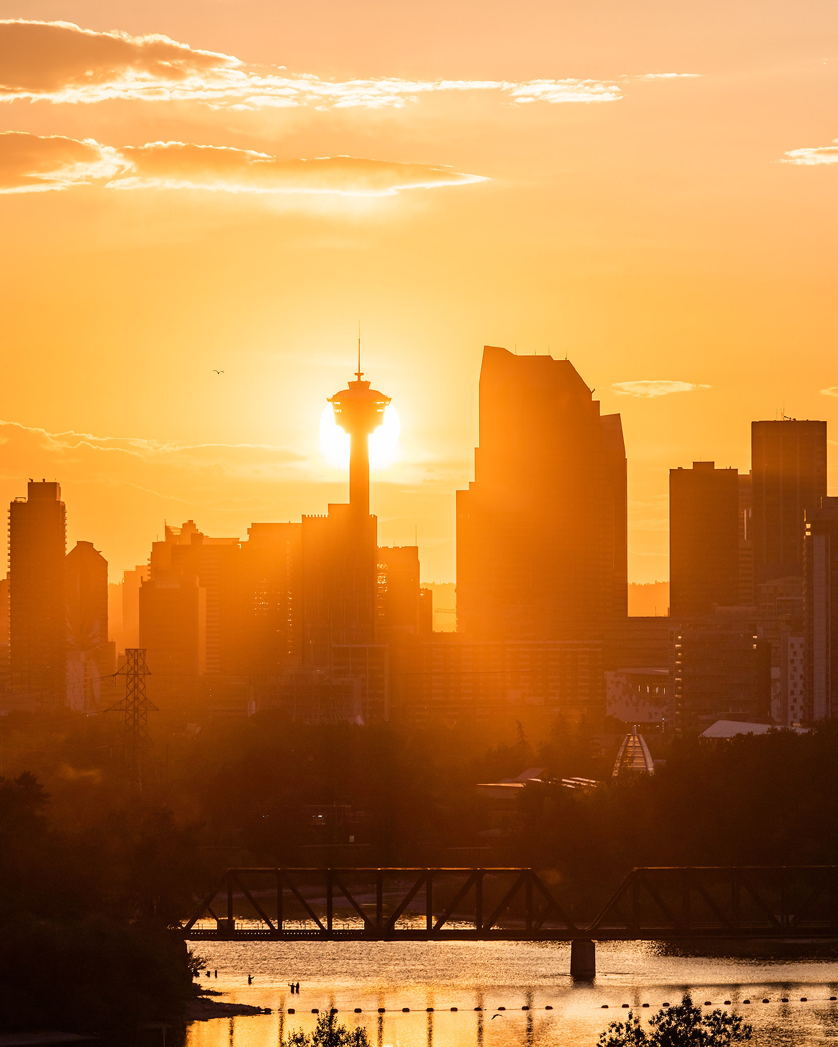 Setting Sun behind the Downtown Calgary skyline and Bow River, from near Max Bell Centre, Calgary, AB - September 18th (7:26 PM)