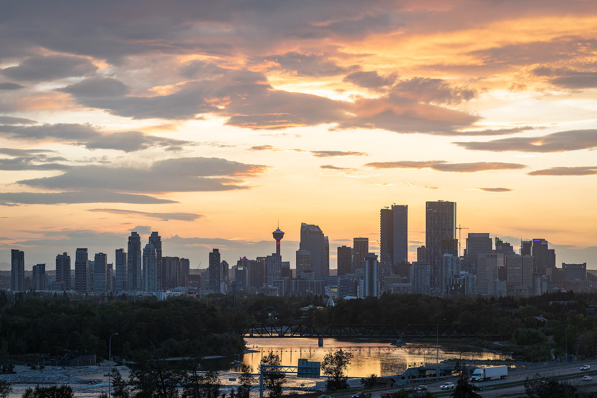 Setting Sun behind the Downtown Calgary skyline and Bow River, from near Max Bell Centre, Calgary, AB - September 18th (7:41 PM)