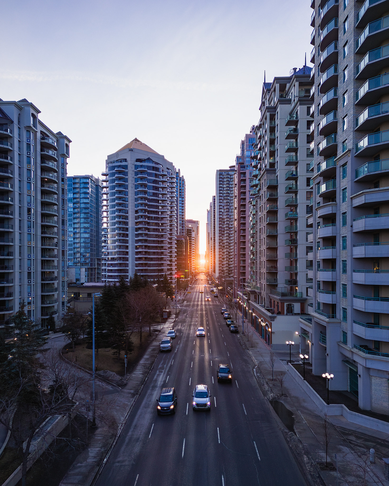 A sunrise photo looking down 6th Avenue, from near West Village, Calgary, AB - March 16th
