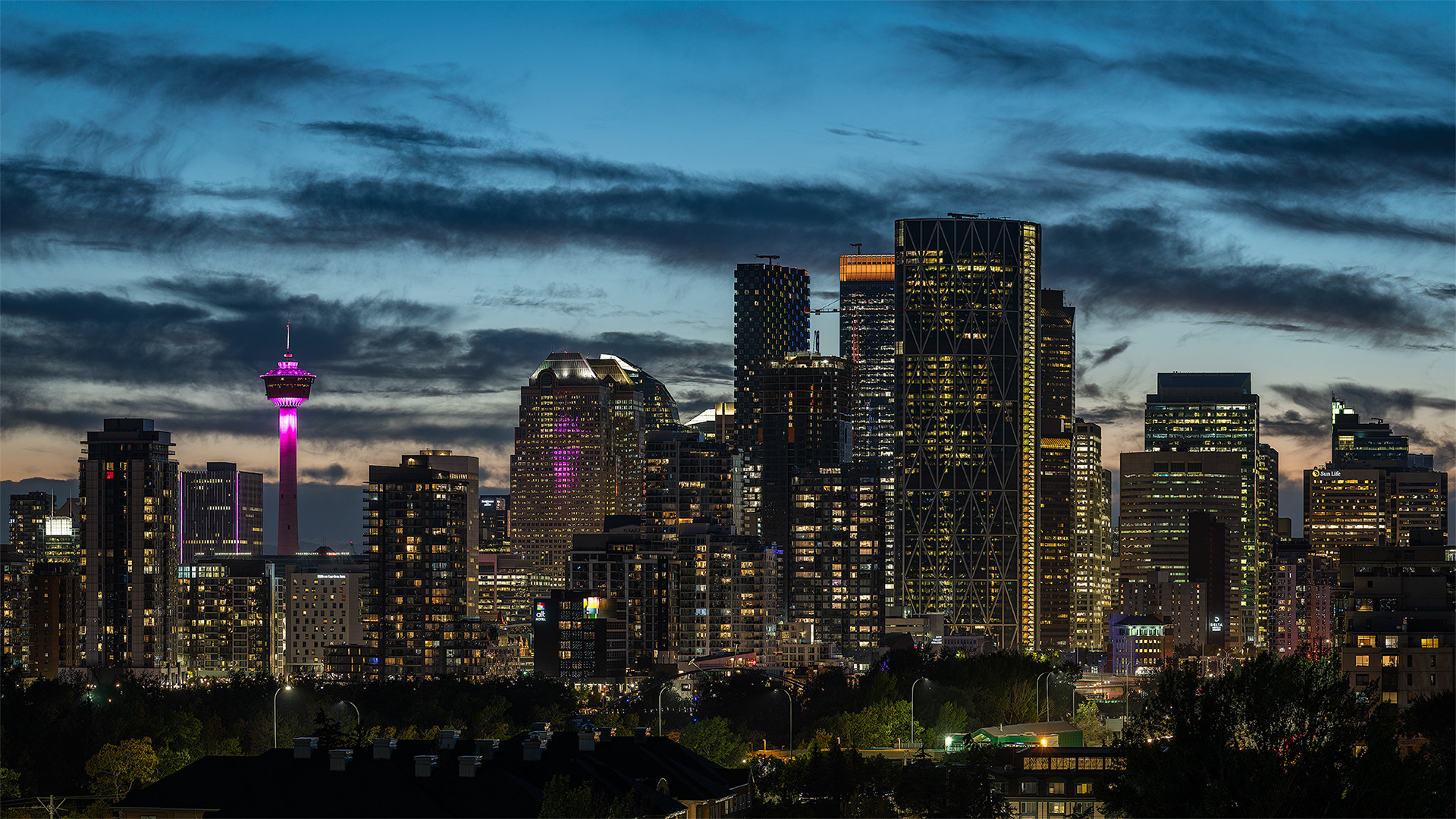 A portion of the Downtown Calgary skyline at Sunset, from Tom Campbell's Hill Natural Park, Calgary, AB - September 26th (8:08 PM, 120 Mp)