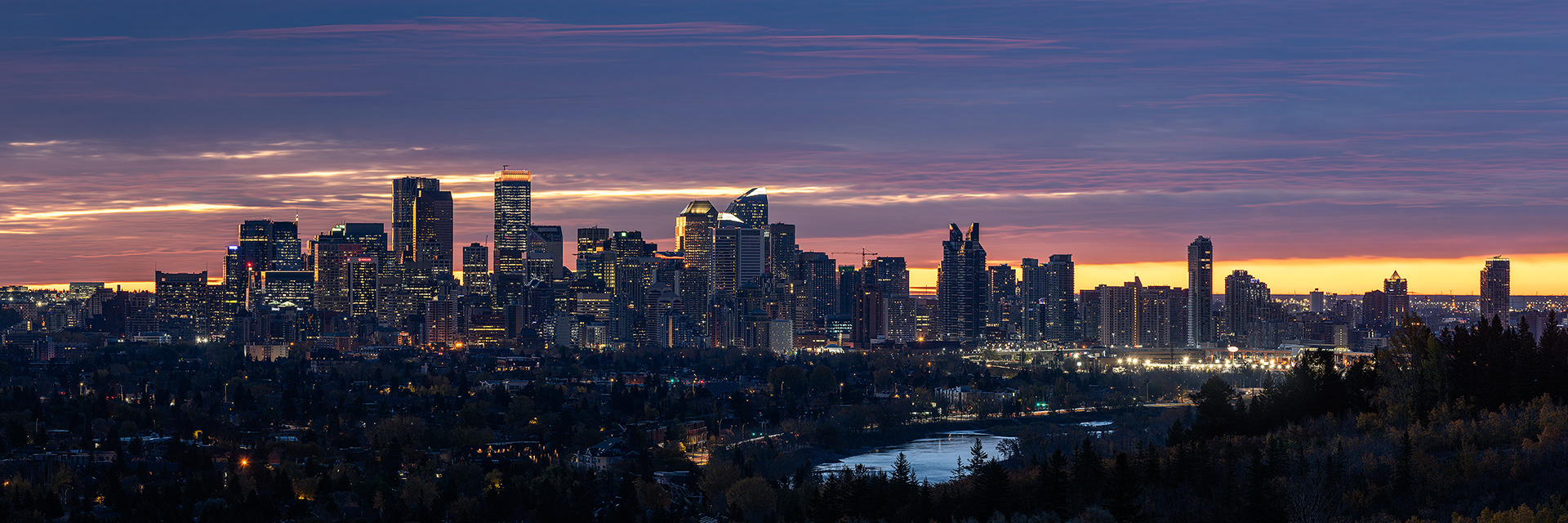Panoramic Cityscape (pre sunrise) from Edworthy Park, Calgary, Alberta