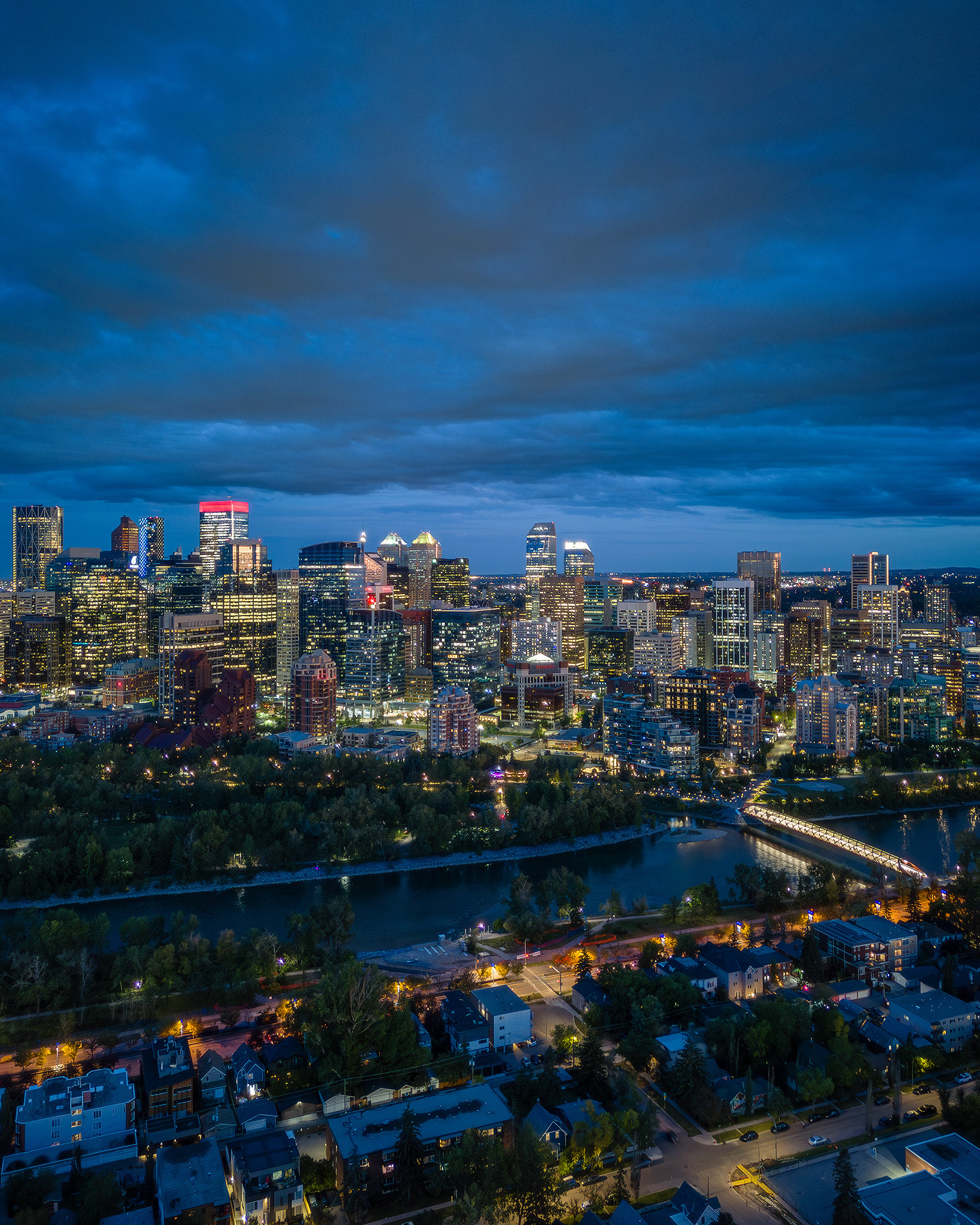 Evening twilight aerial photo of the Downtown skyline, Calgary, AB - September 15th