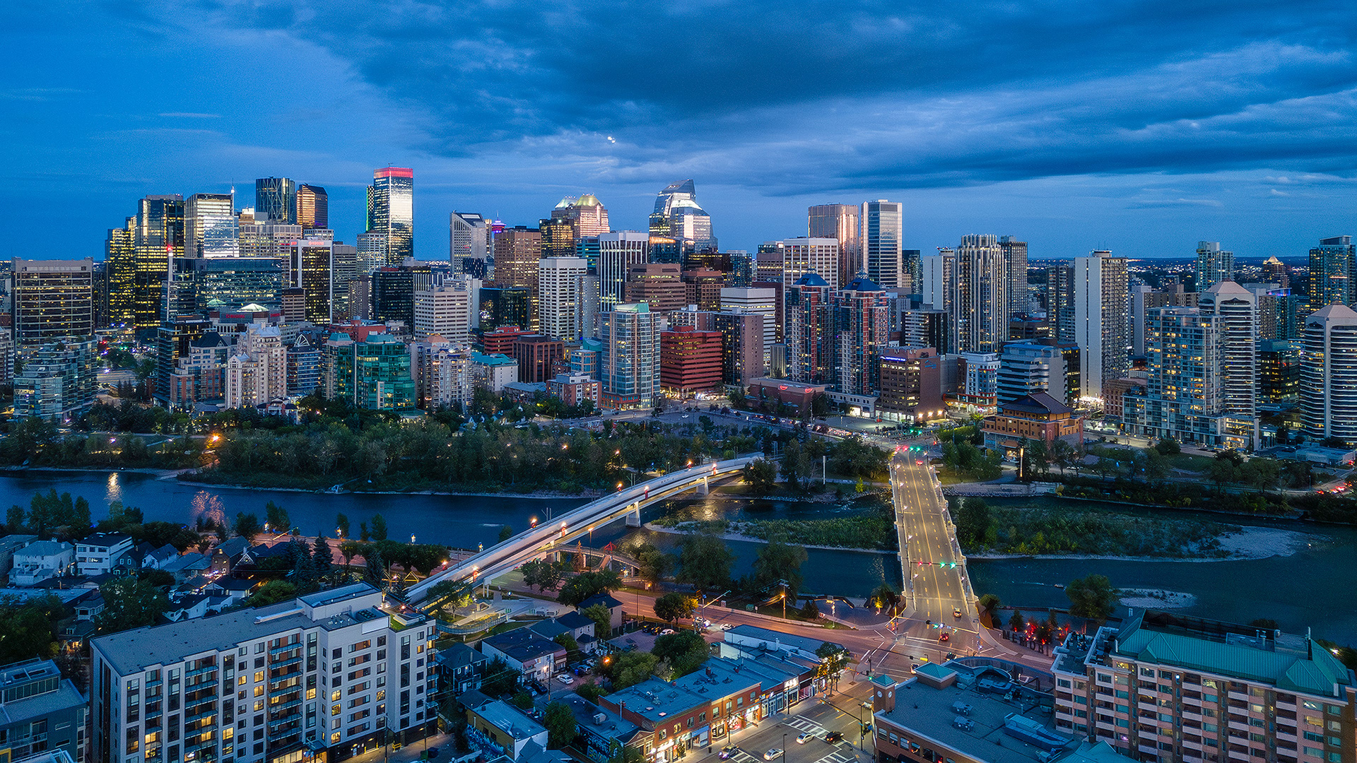 Evening twilight aerial photo of the Downtown skyline, Calgary, AB - September 15th