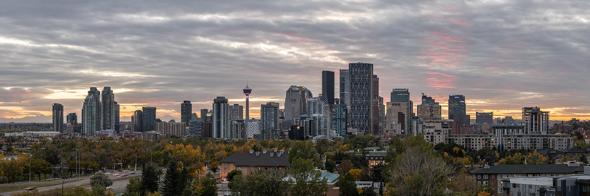 Panoramic Cityscape (at sunset) from Tom Campbell's Hill Natural Park, Calgary, Alberta