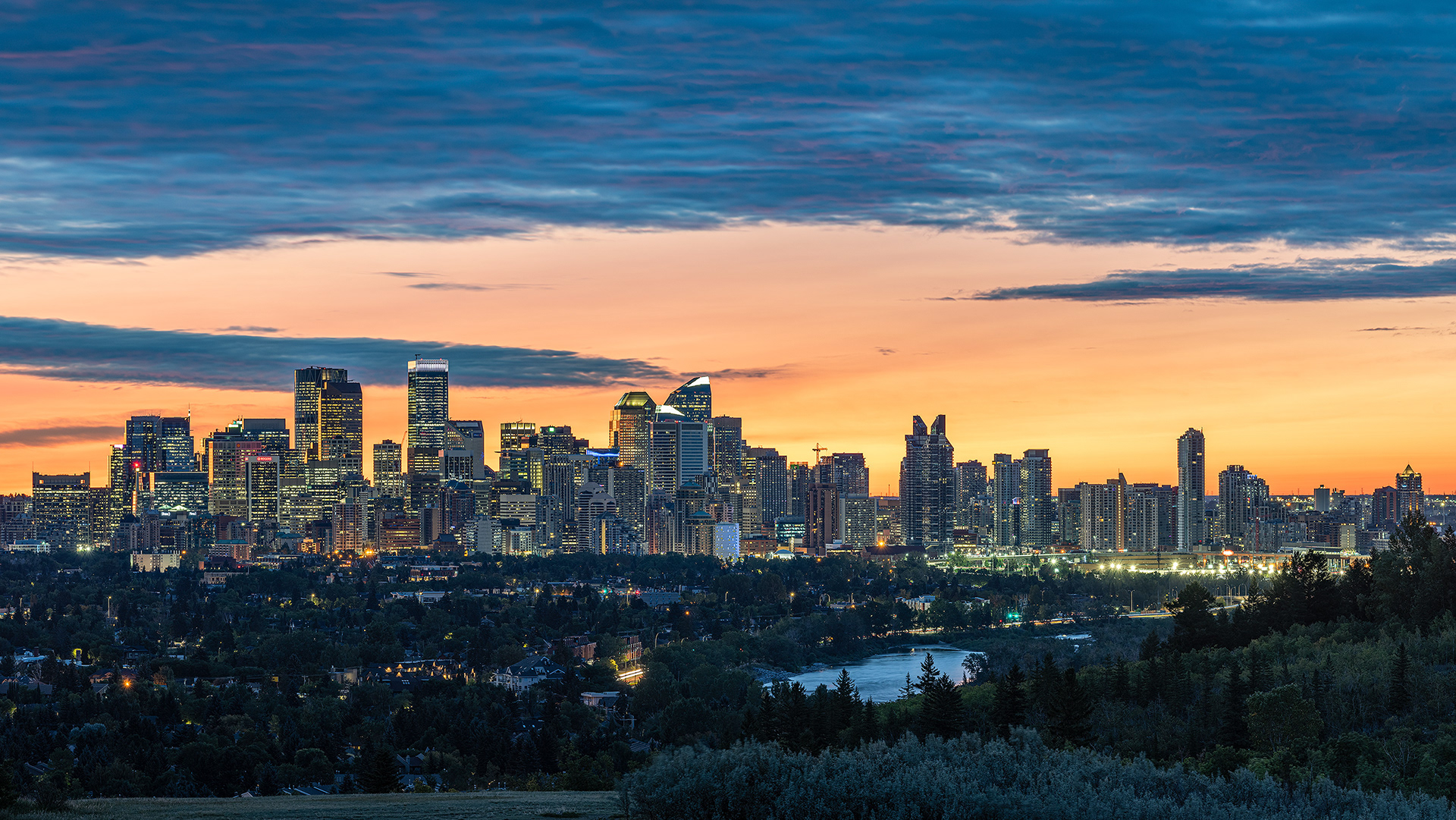 Cityscape (at sunrise) from Edworthy Park, Calgary, Alberta